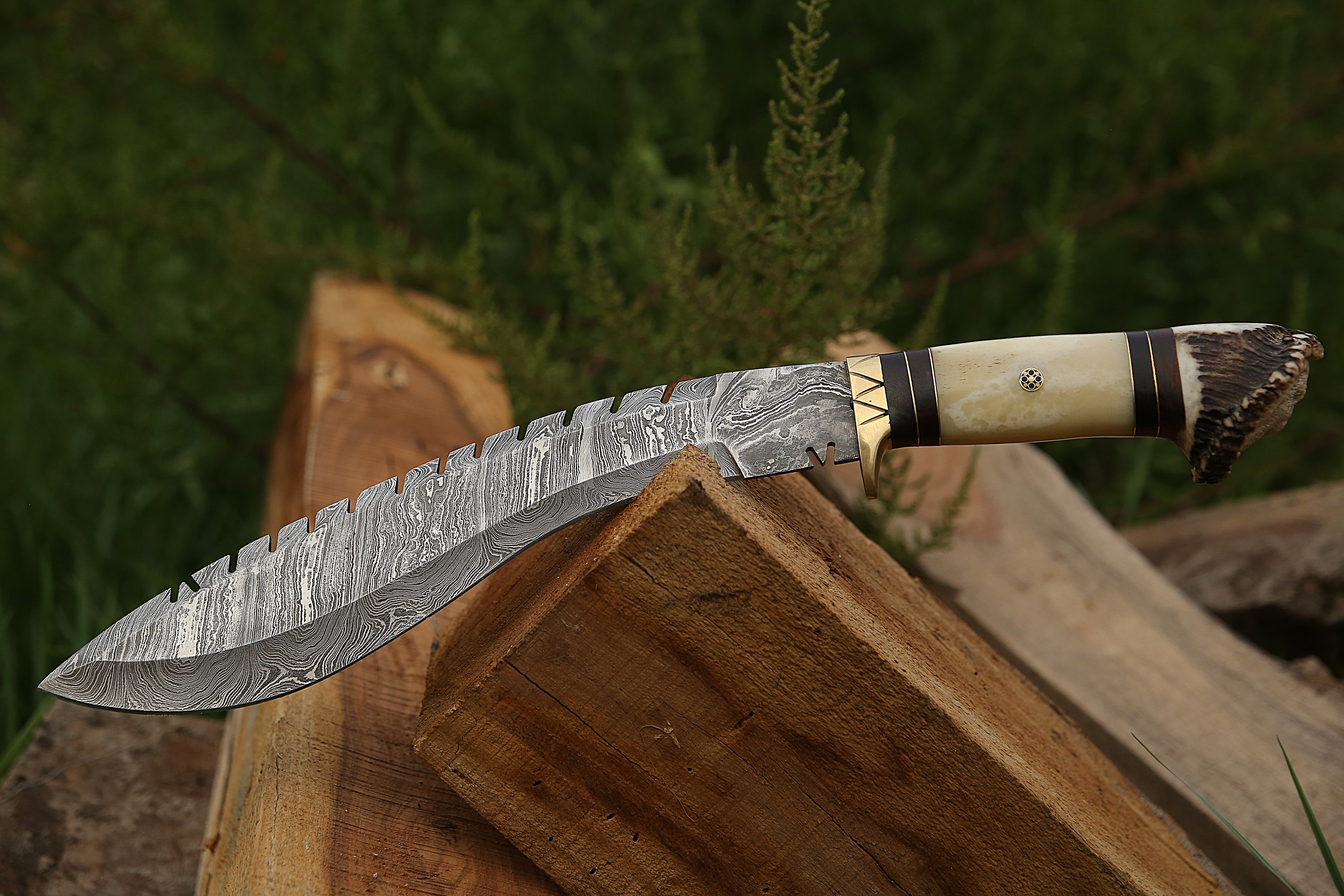 Hand-Forged Kukri Knife with Bone & Stag Crown Handle – Traditional Nepalese Blade for Camping & Survival