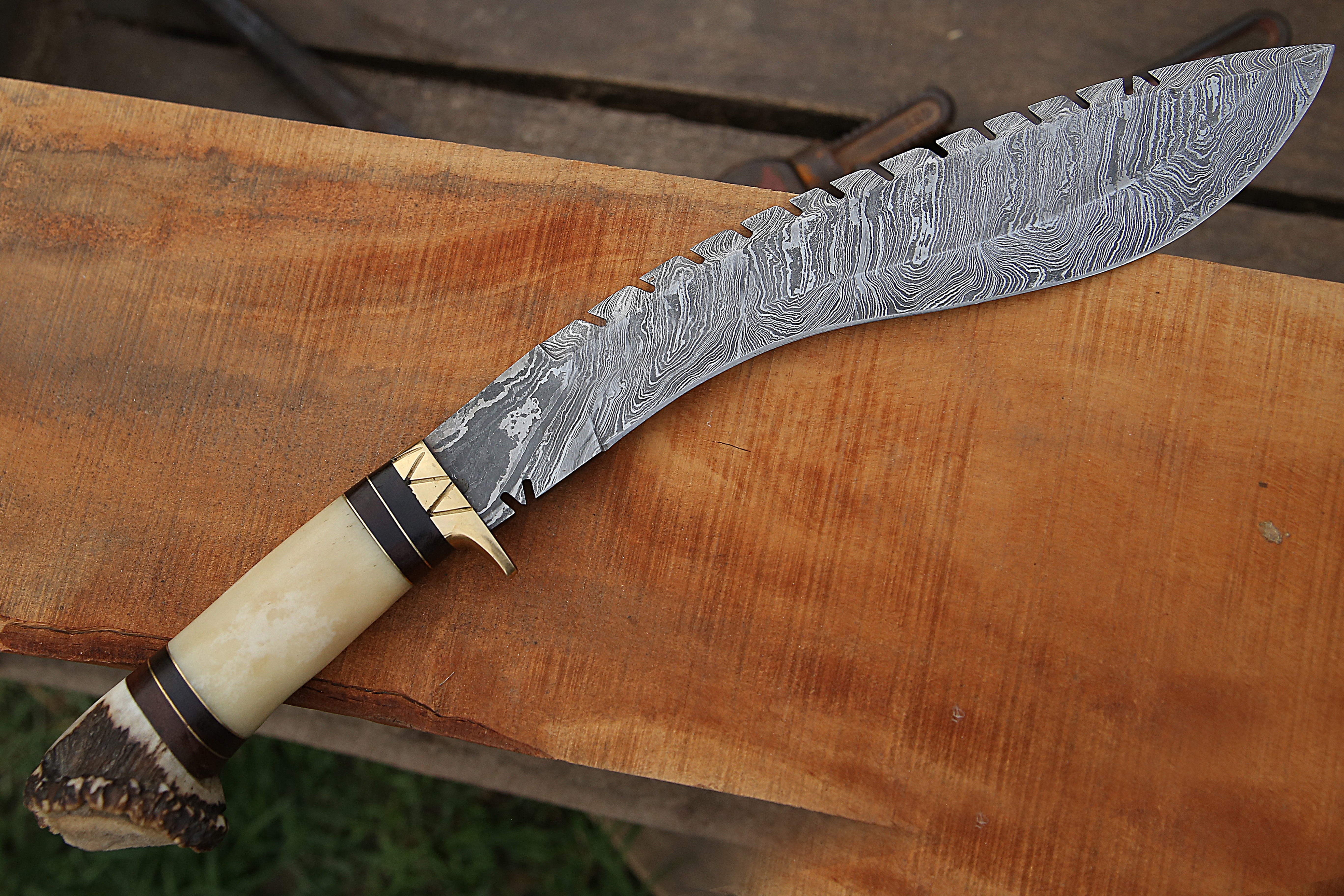 Hand-Forged Kukri Knife with Bone & Stag Crown Handle – Traditional Nepalese Blade for Camping & Survival