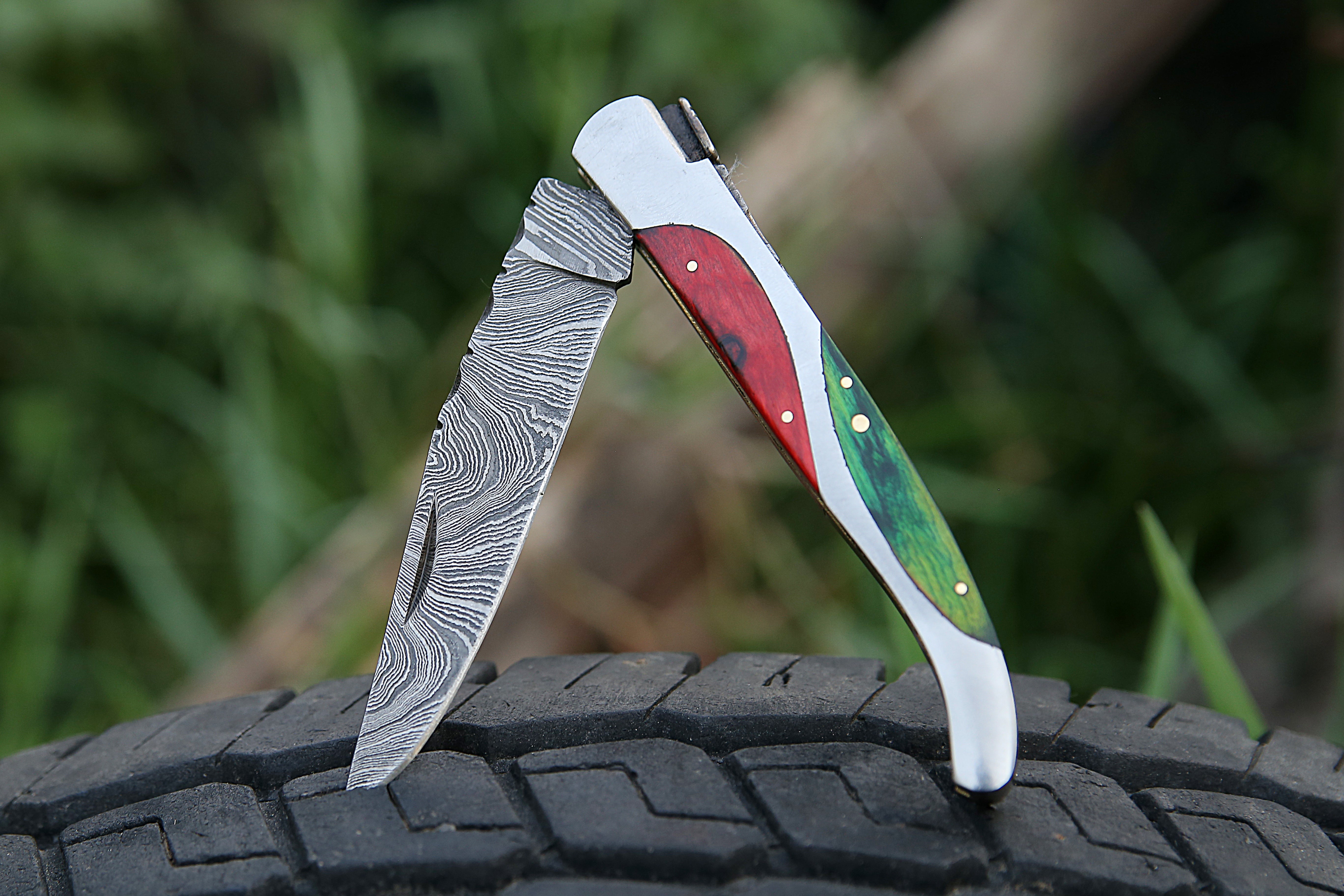 High Grade Hand Forged Damascus Folding Knife With Steel Frame Green & Red Pakka wood Handle