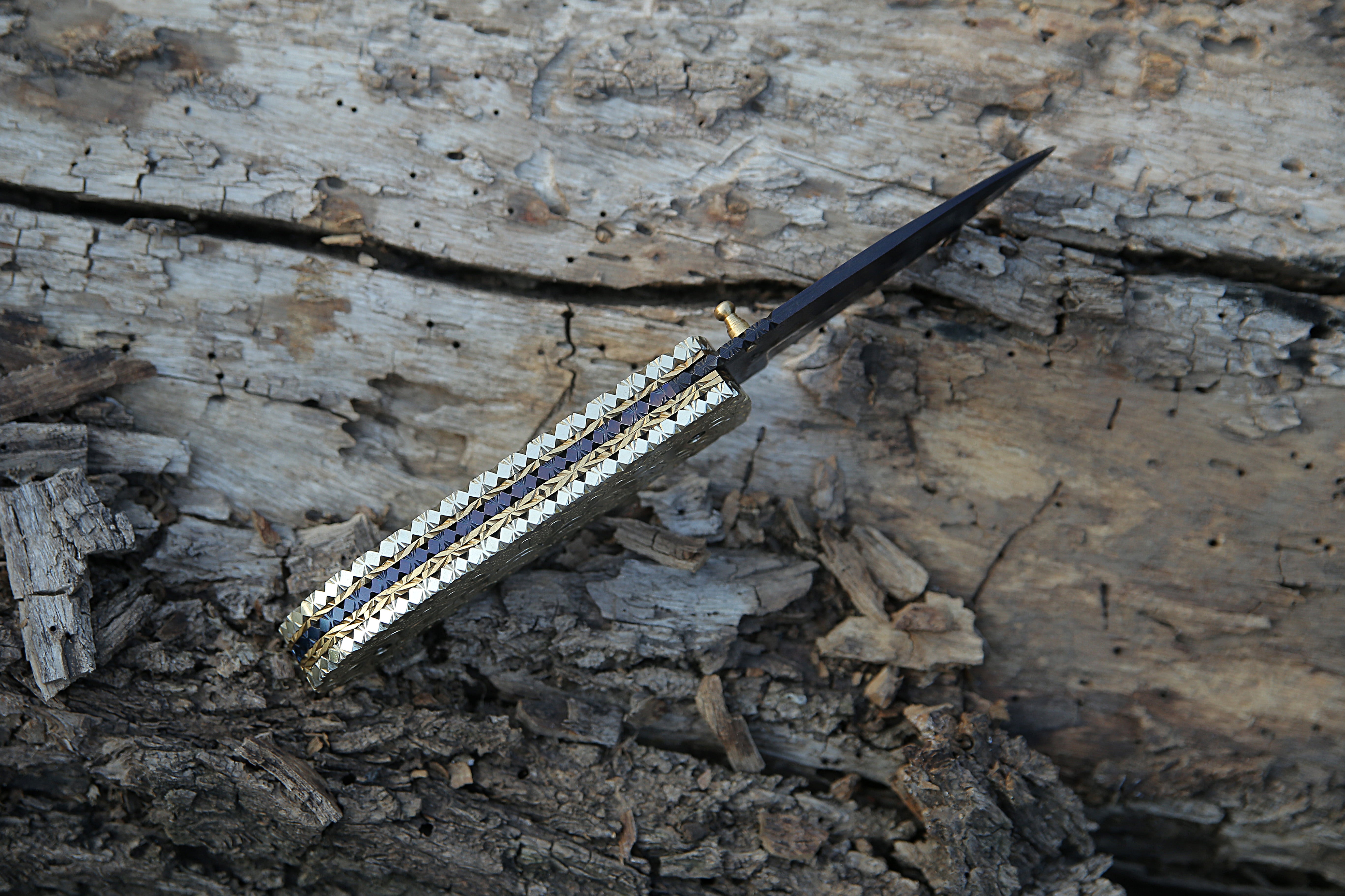 Handmade Damascus Steel Color Coated Liner Lock Folding Knife Engraved Brass Handle Pocket Knife .