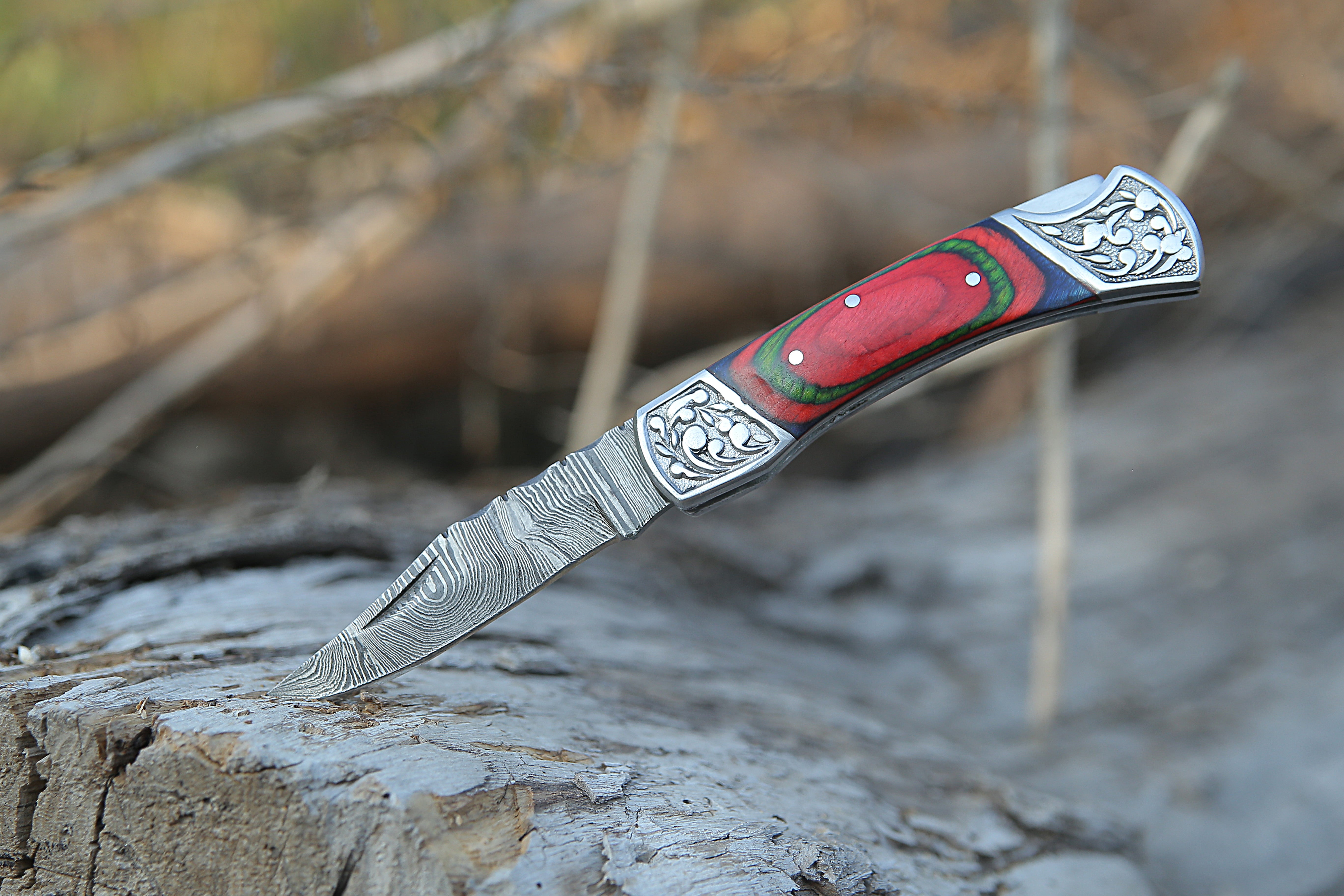 Back Lock Handmade Damascus Steel Pocket Knife Multicolor Pakka Wood Handle Folding Knife With Engraved Steel clips.