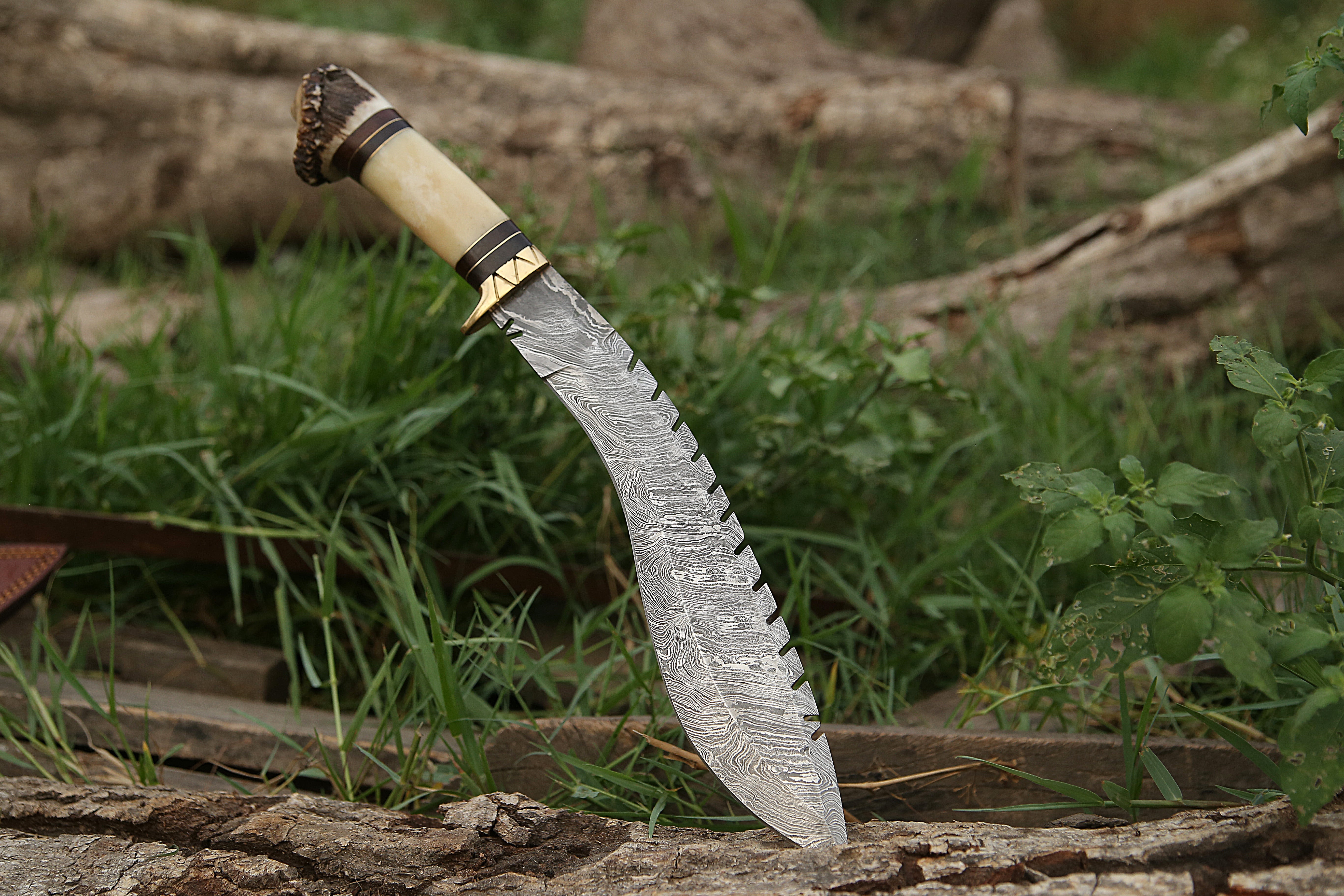 Hand-Forged Kukri Knife with Bone & Stag Crown Handle – Traditional Nepalese Blade for Camping & Survival