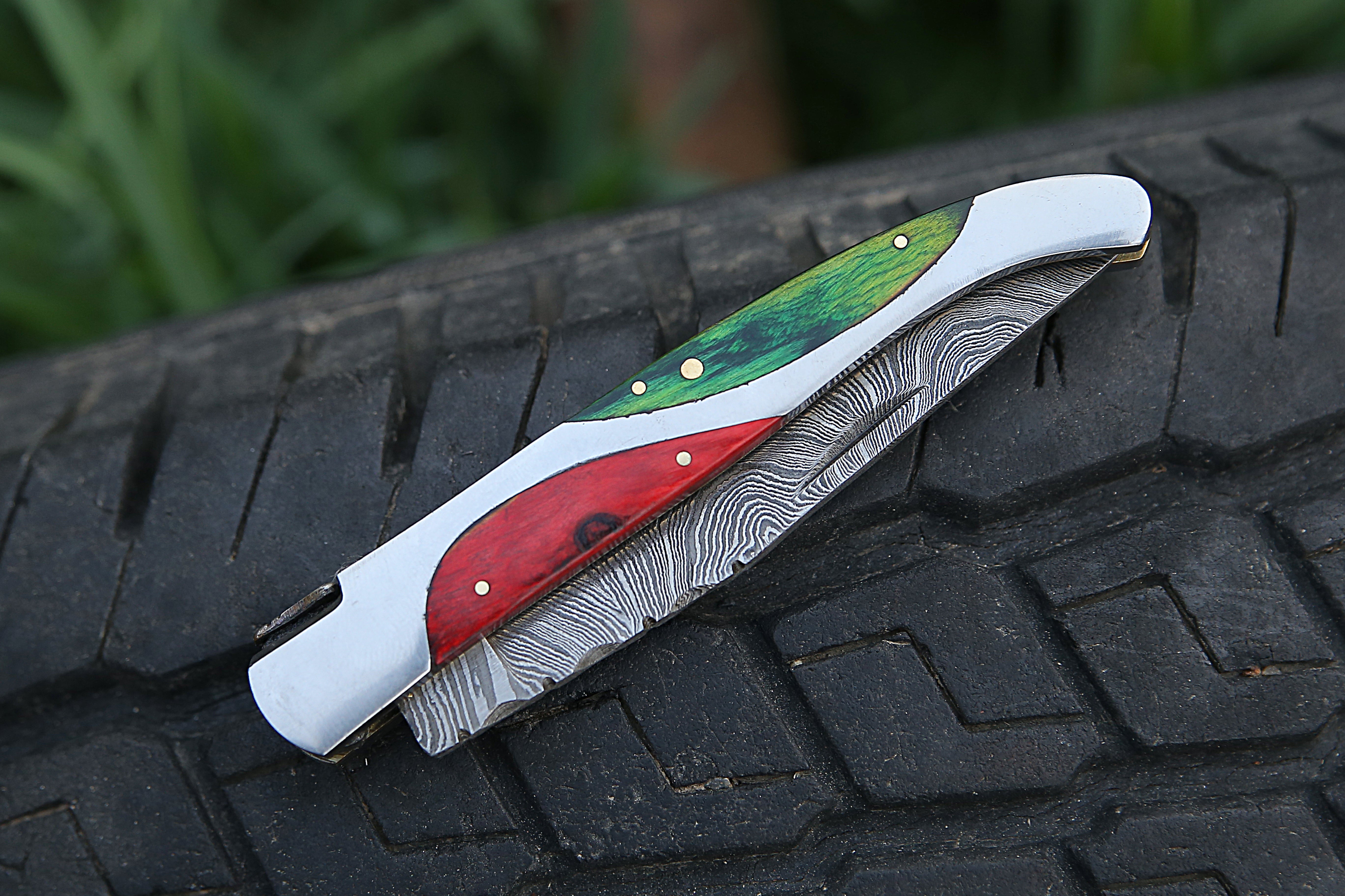 High Grade Hand Forged Damascus Folding Knife With Steel Frame Green & Red Pakka wood Handle