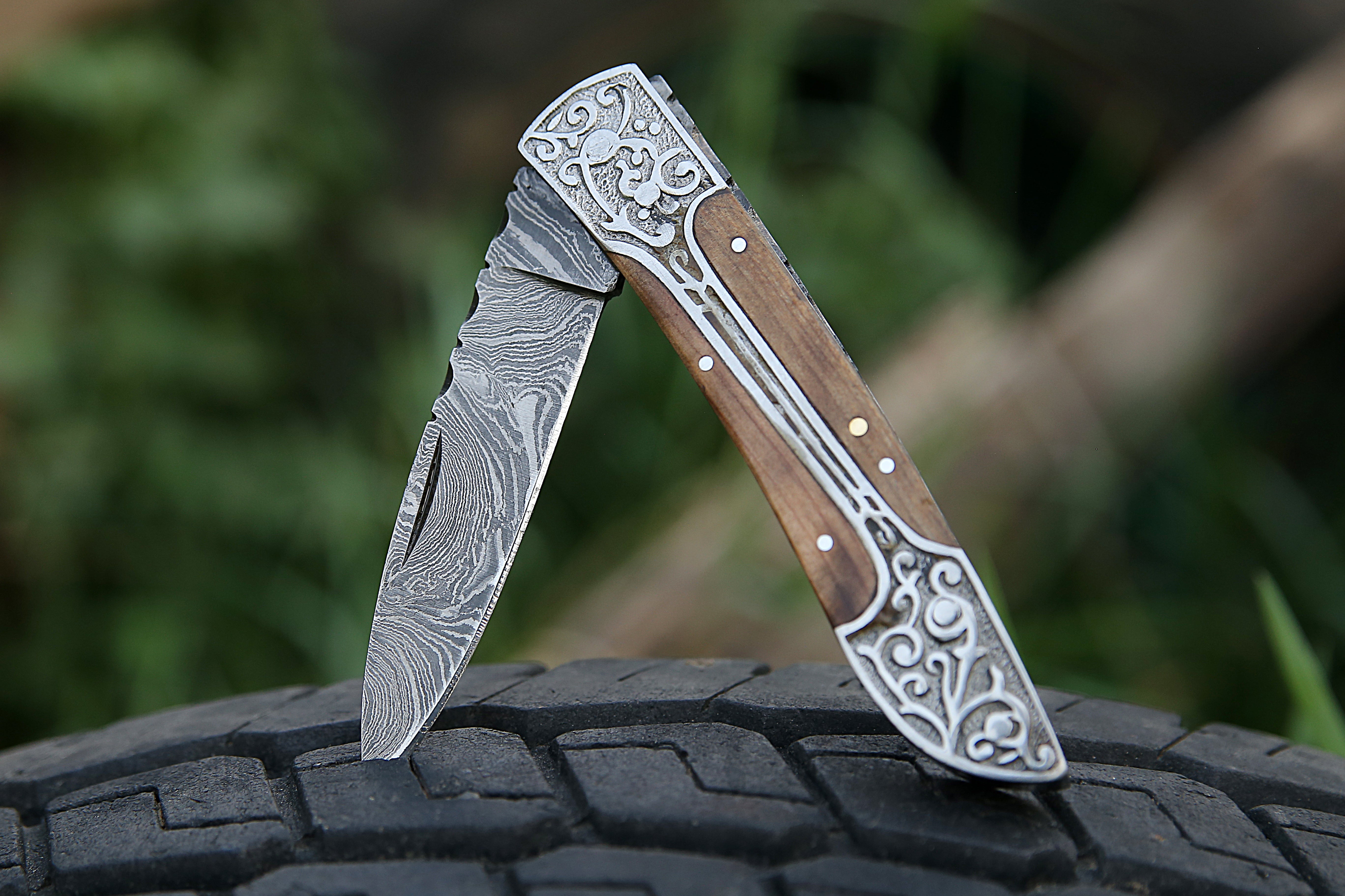 Handmade Damascus Steel Folding Knife With Engraved Steel Frame Olive Wood Handle Pocket Knife.