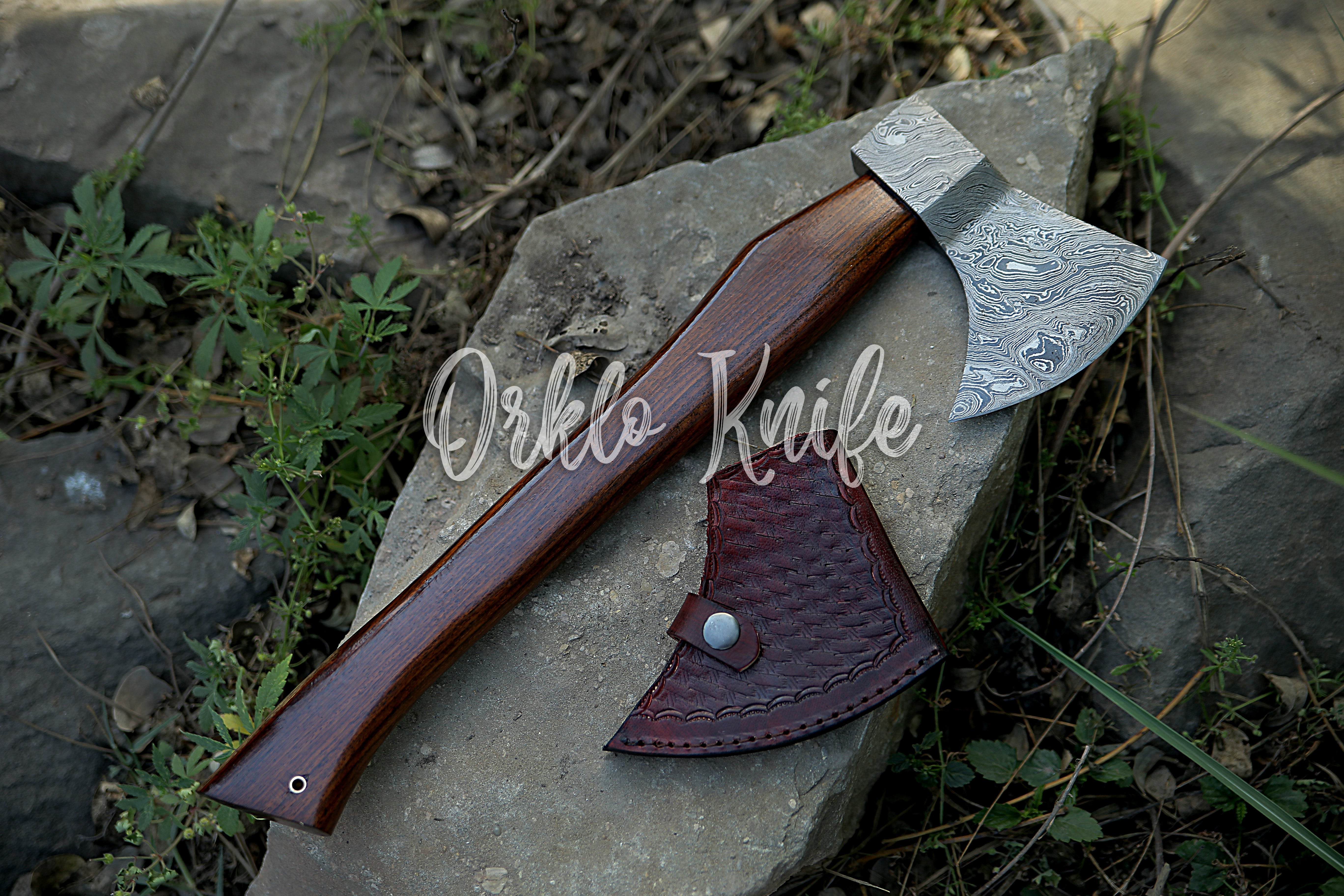 Damascus steel axe with pouch - Orkloknife