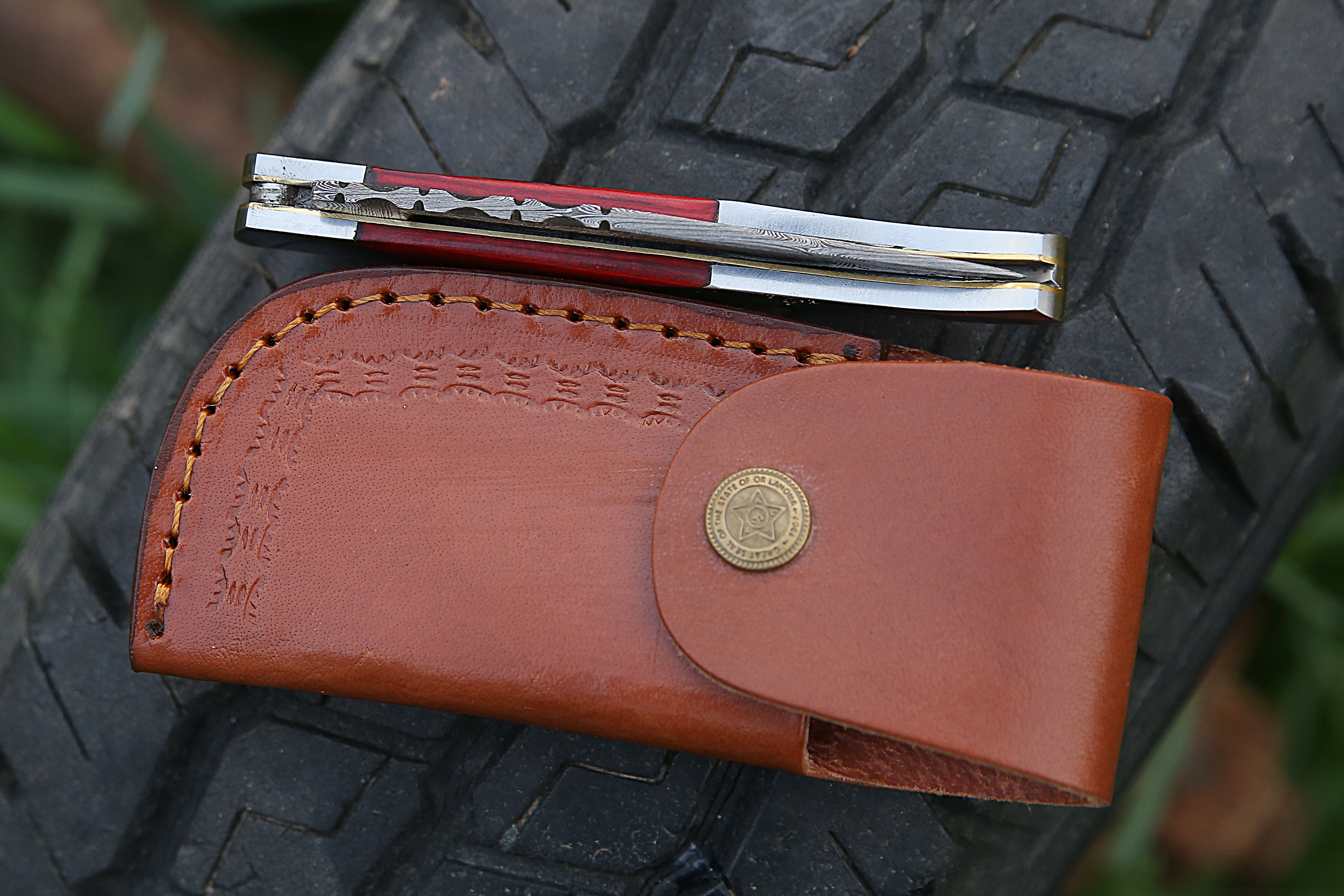 High Grade Hand Forged Damascus Folding Knife With Steel Frame Green & Red Pakka wood Handle