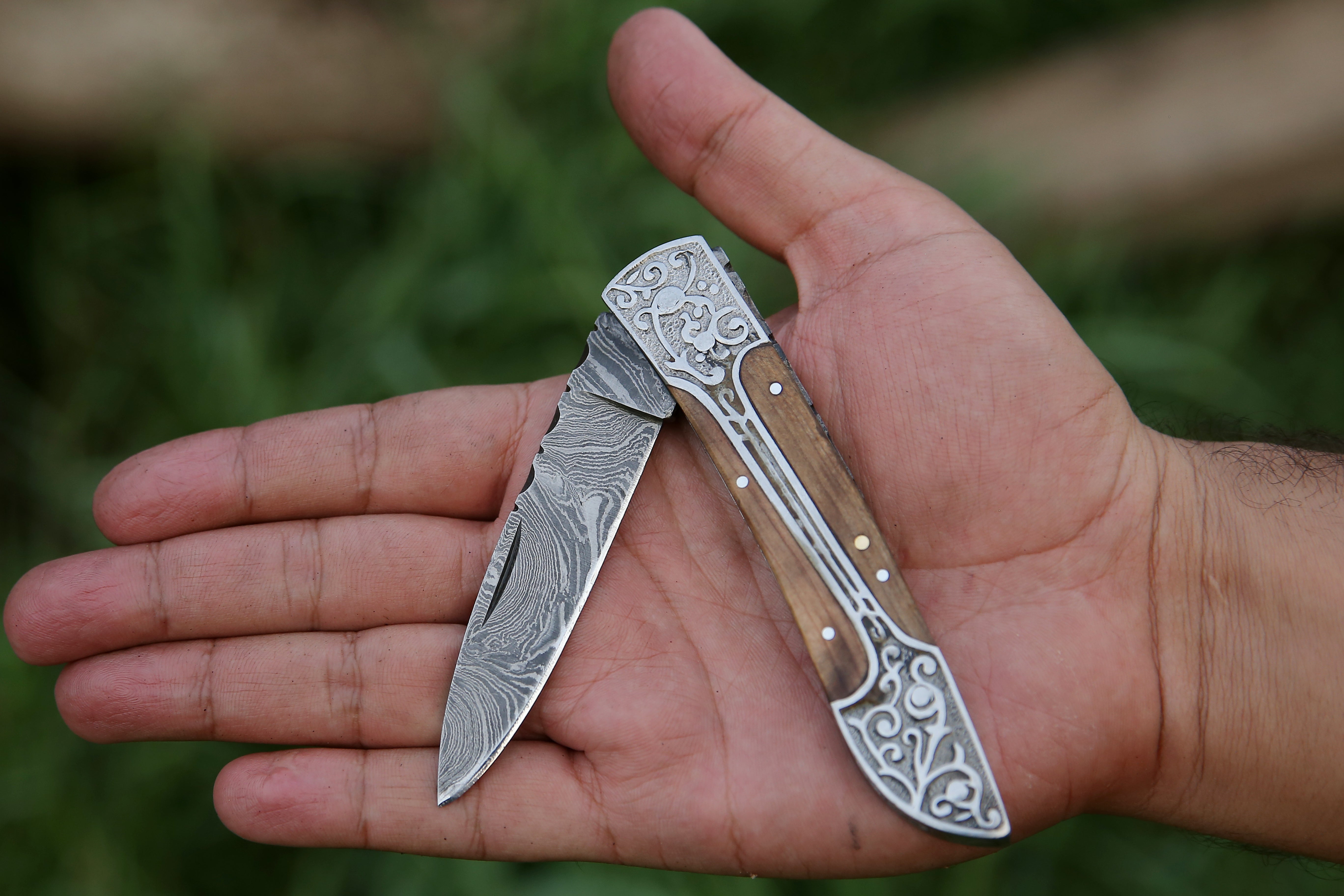 Handmade Damascus Steel Folding Knife With Engraved Steel Frame Olive Wood Handle Pocket Knife.