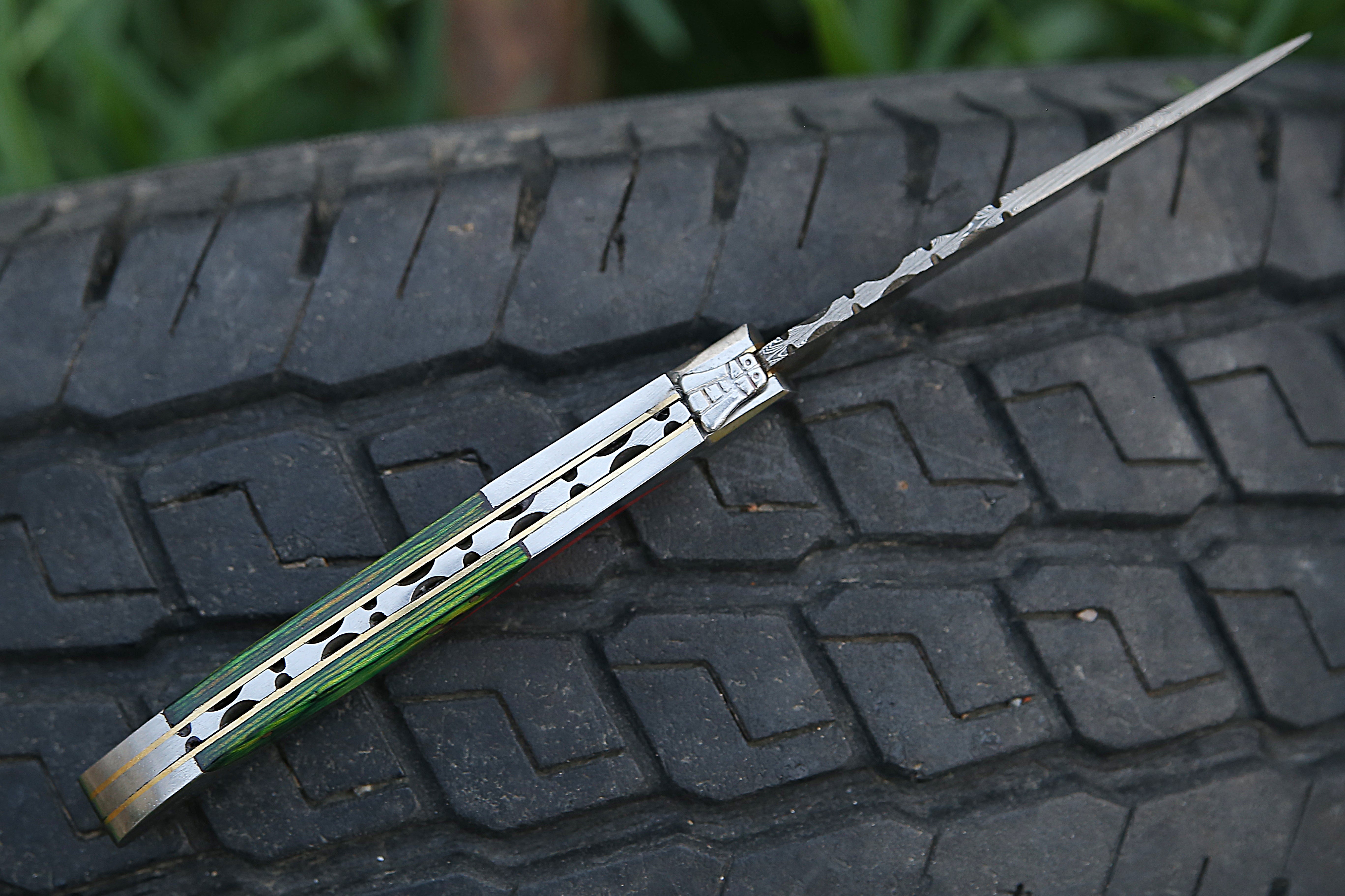 High Grade Hand Forged Damascus Folding Knife With Steel Frame Green & Red Pakka wood Handle