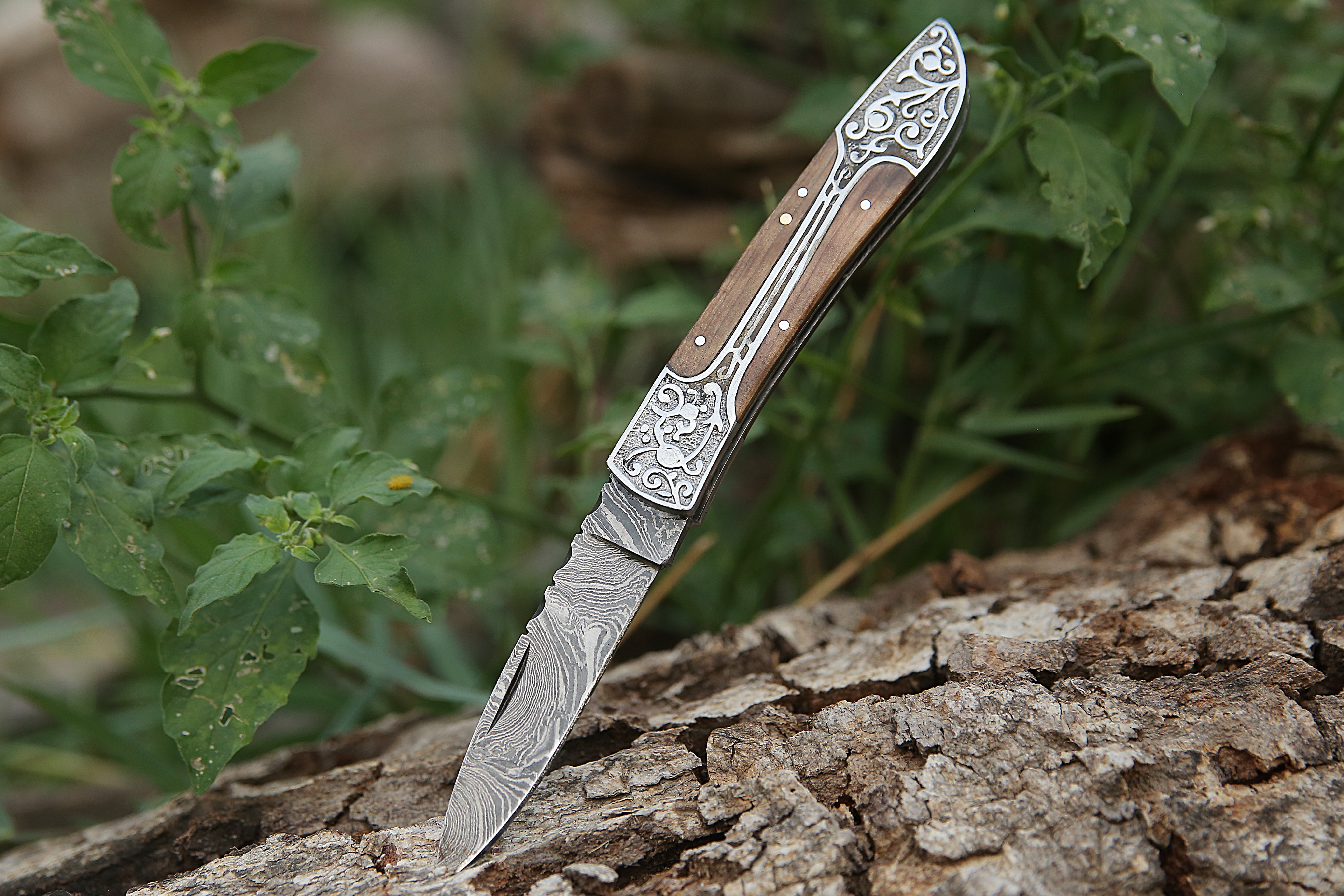 Handmade Damascus Steel Folding Knife With Engraved Steel Frame Olive Wood Handle Pocket Knife.