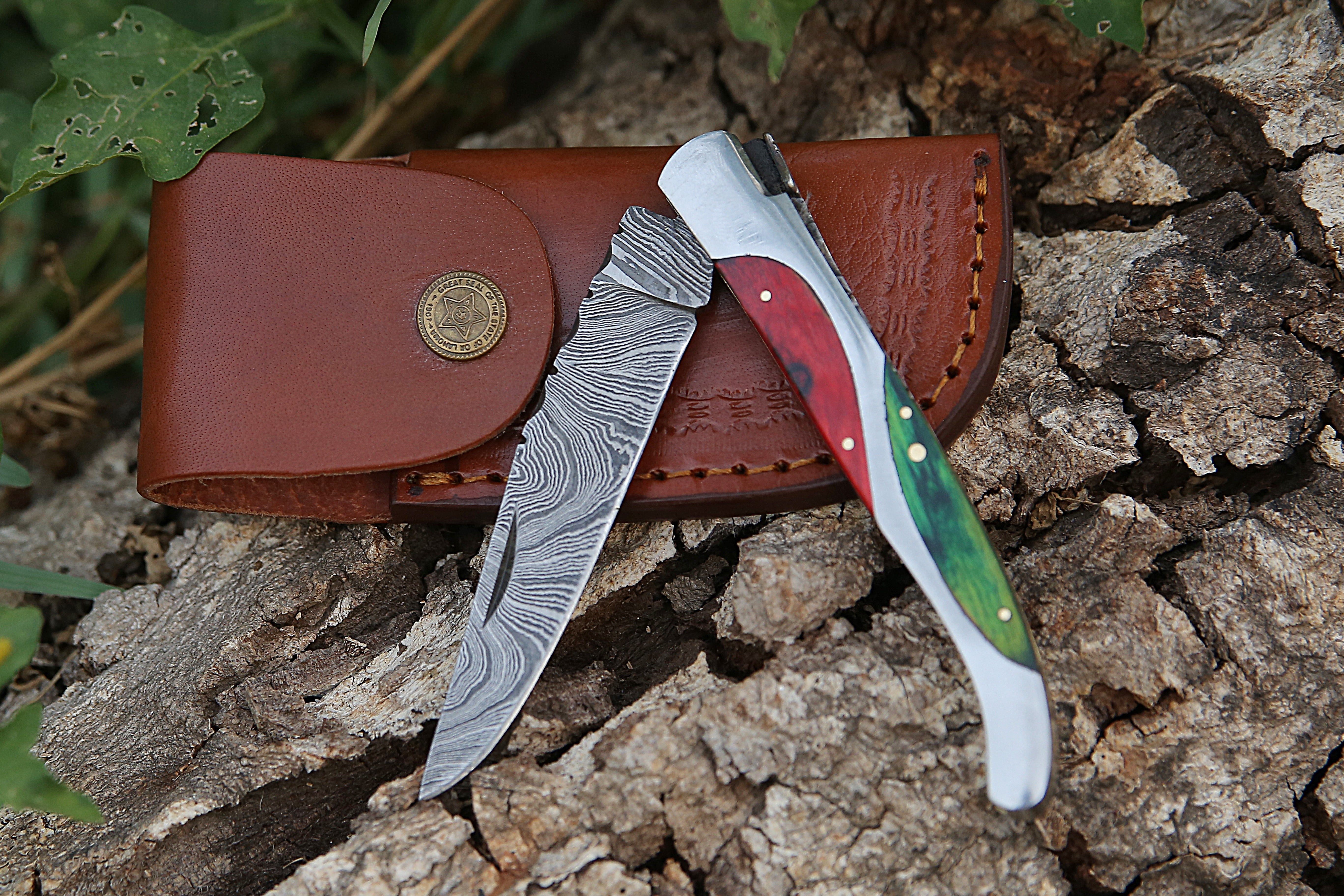 High Grade Hand Forged Damascus Folding Knife With Steel Frame Green & Red Pakka wood Handle