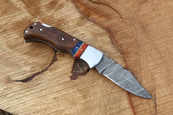 Best Personalized Gift Rose Wood Authentic Damascus Steel Back Lock Pocket Folding With Orange & Blue Rosewood Handle with Leather pouch.