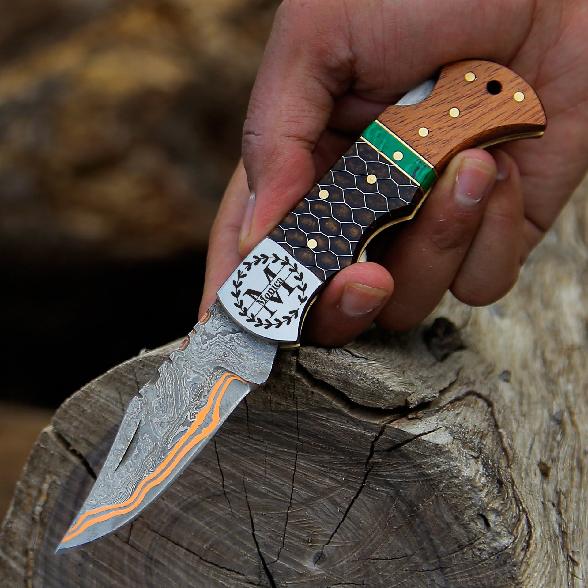 Personalized Copper Damascus Steel Pocket Knife Brown Honey Comb Resin and Olive Wood Handle Folding knife sharp edge come with leather sheath