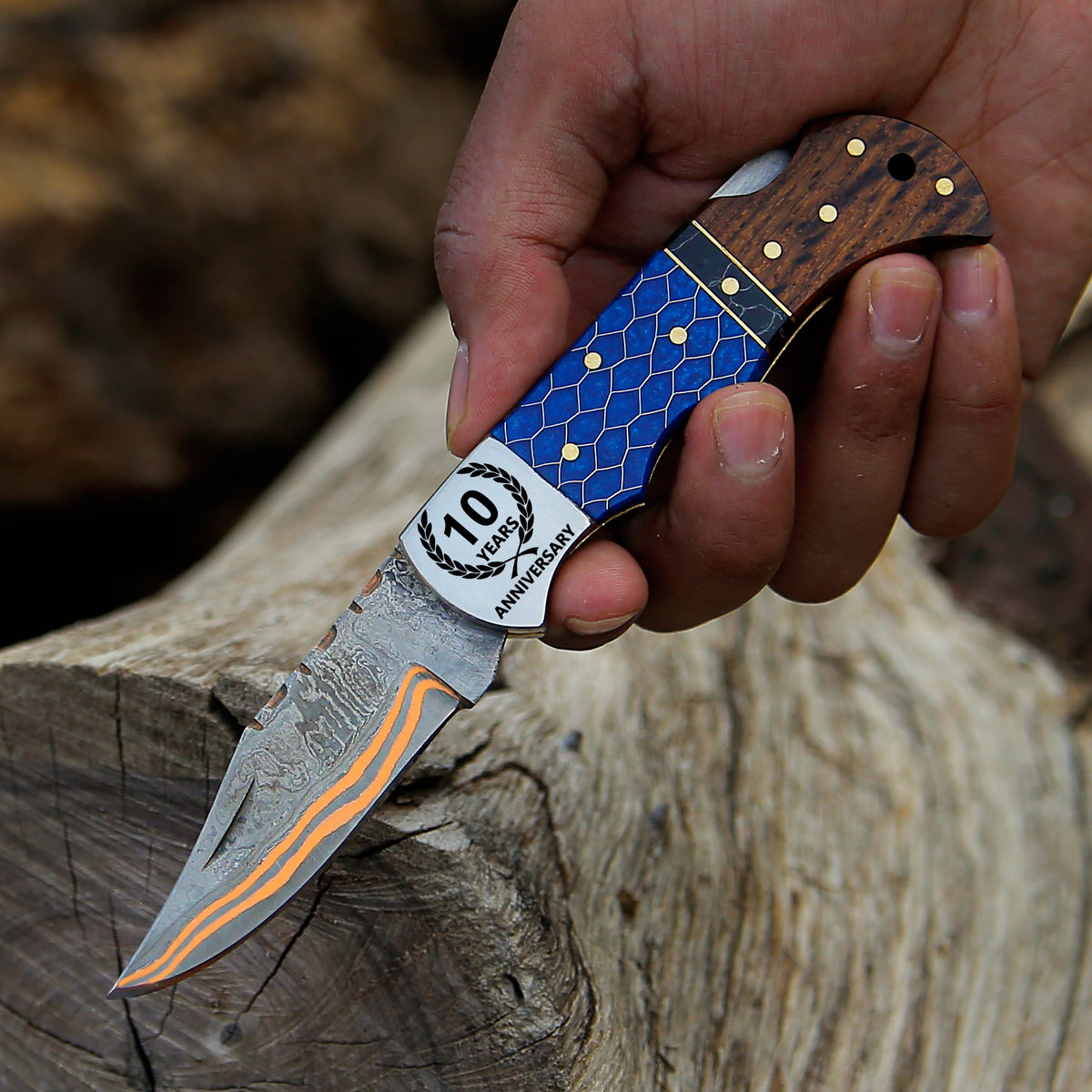 Personalized Copper Damascus Steel Pocket Knife Blue and Rose Wood Handle Folding knife sharp edge come with leather sheath.