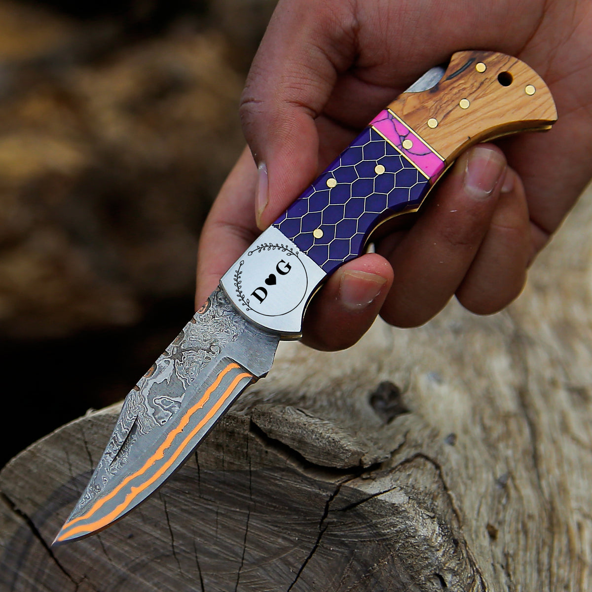 Purple Honeycomb Resin & Olive Wood Handle Damascus Steel Folding Pocket Knife – Copper-Coated, Gift for Husband