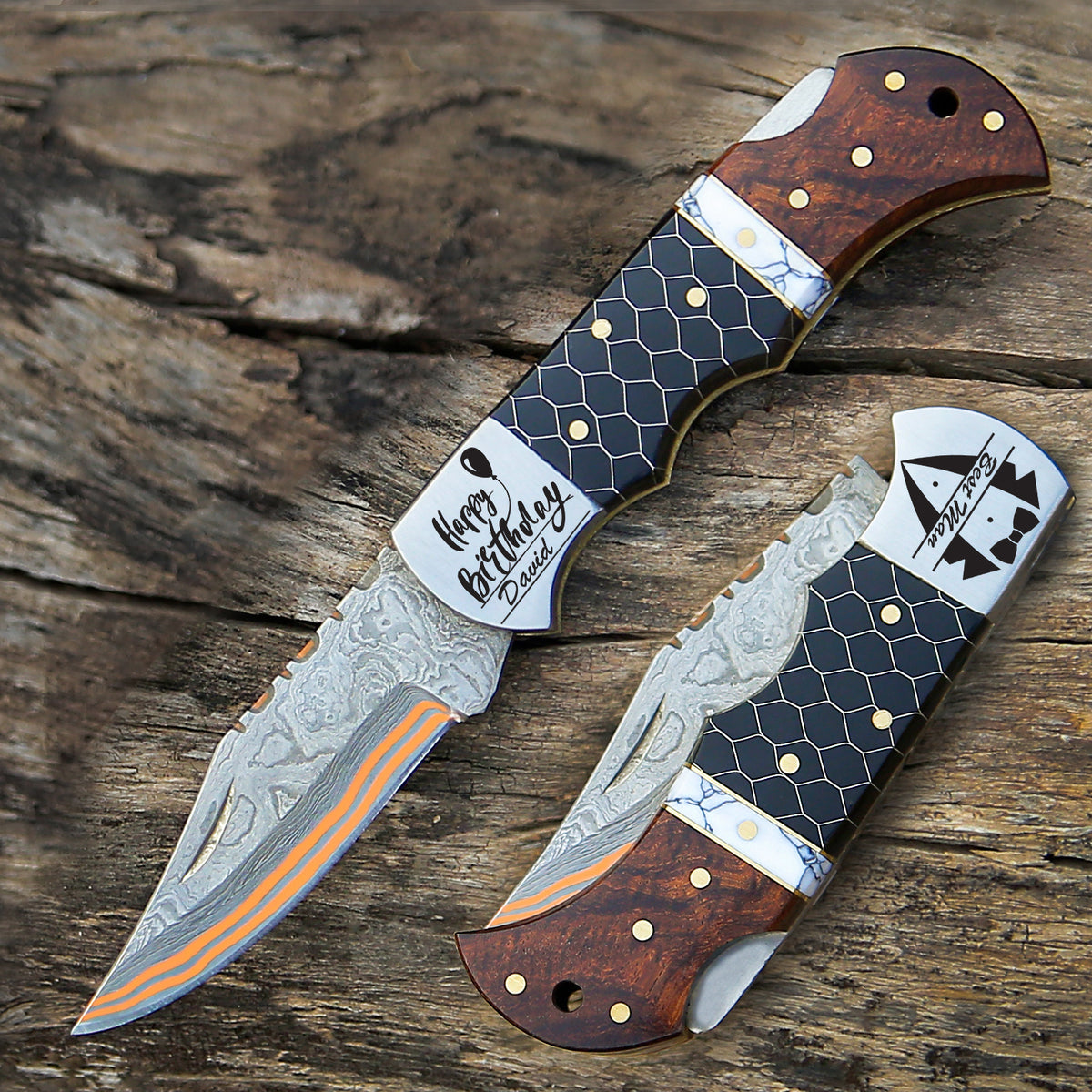 Black Honeycomb Resin & Rose Wood Handle Damascus Steel Folding Pocket Knife – Copper-Coated, Gift for Husband