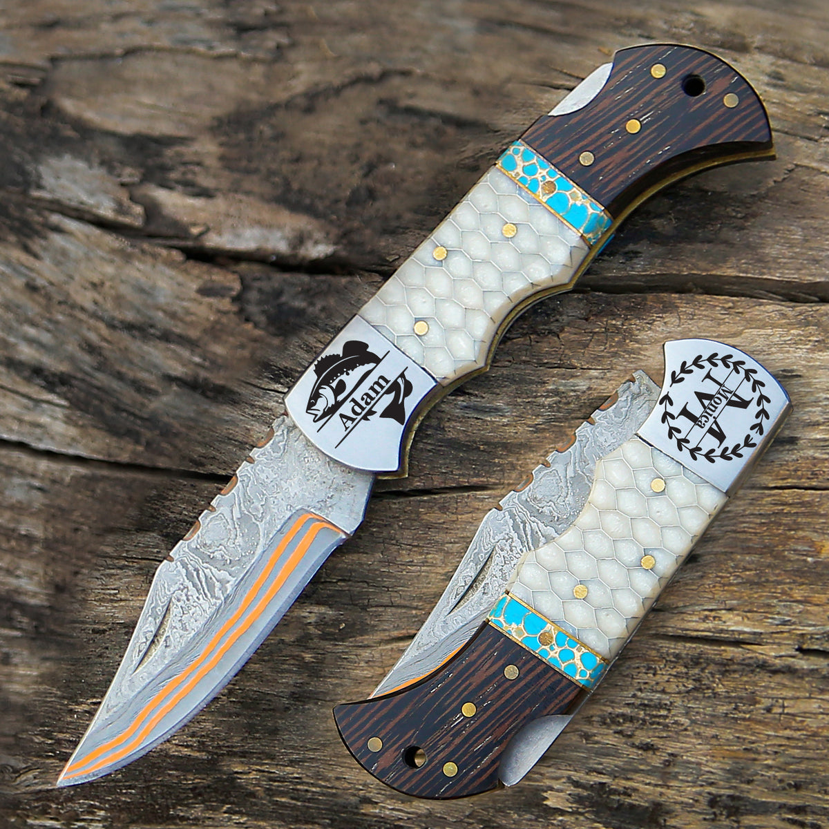 Personalized Copper Damascus Steel Pocket Knife White Resin and Wangi Wood & Turquoise Handle Folding knife sharp edge come with leather sheath.