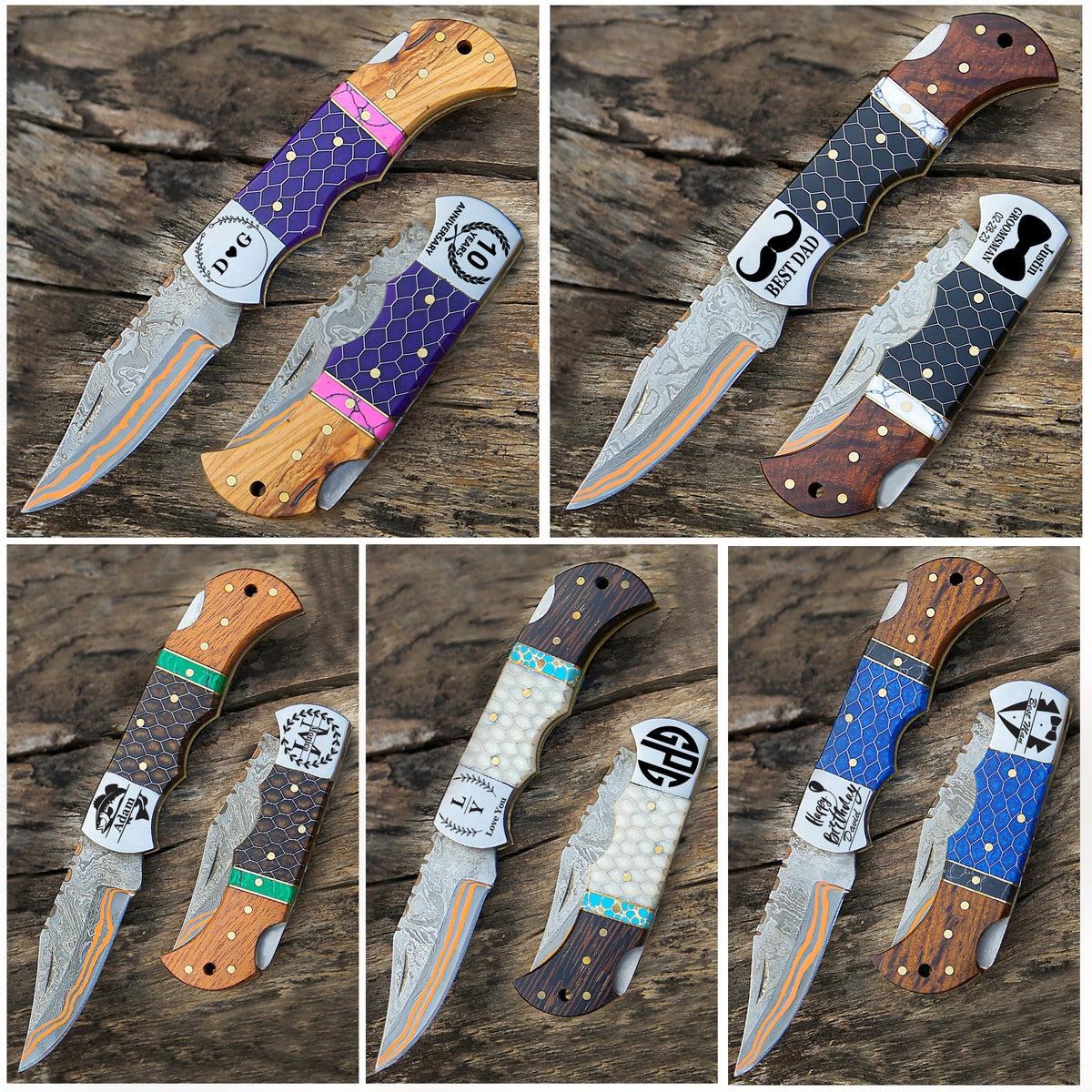 Personalized Copper Damascus Steel Pocket Knife Blue and Rose Wood Handle Folding knife sharp edge come with leather sheath.