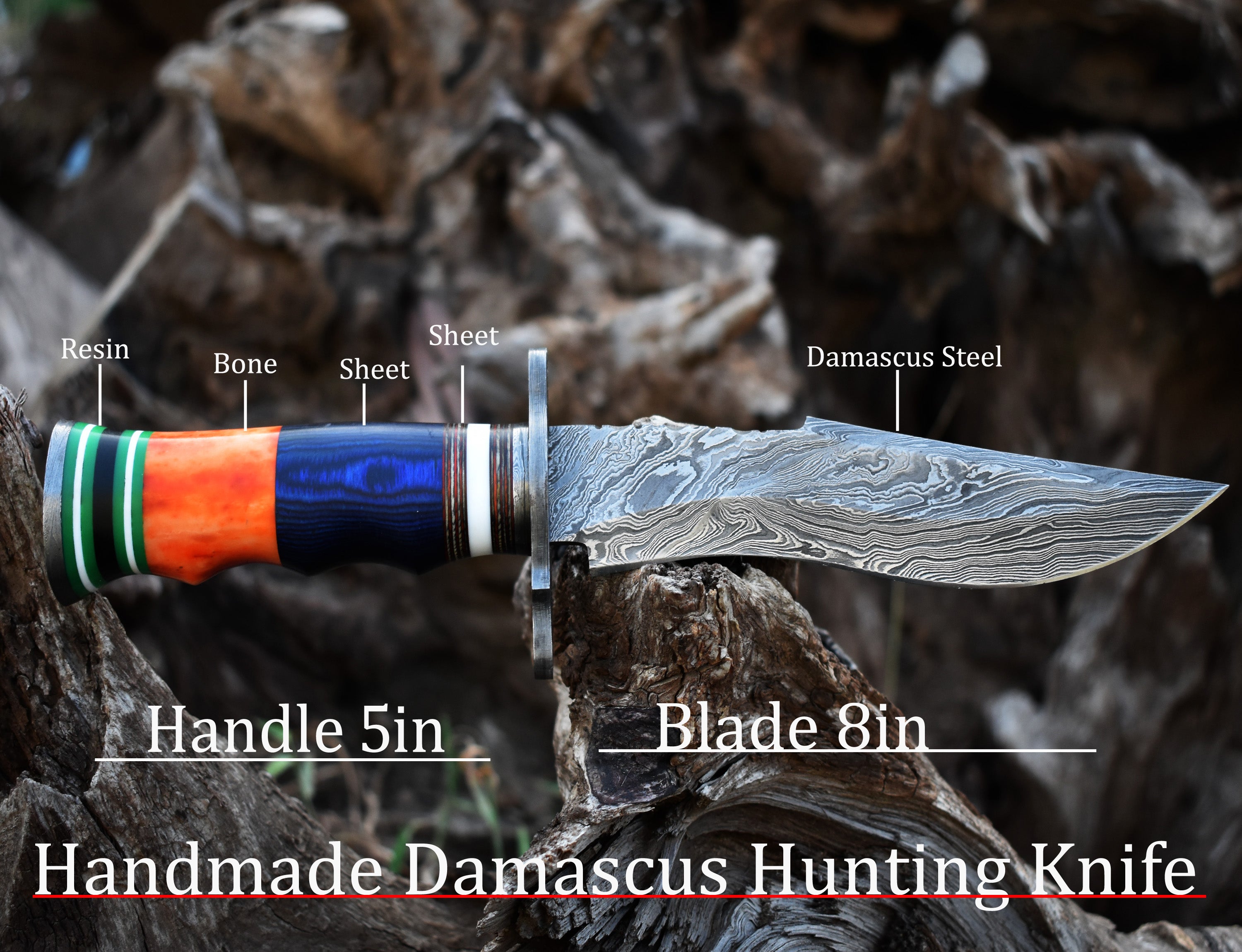 Handmade custom Bowie knife resin sheet and with online leather sheet