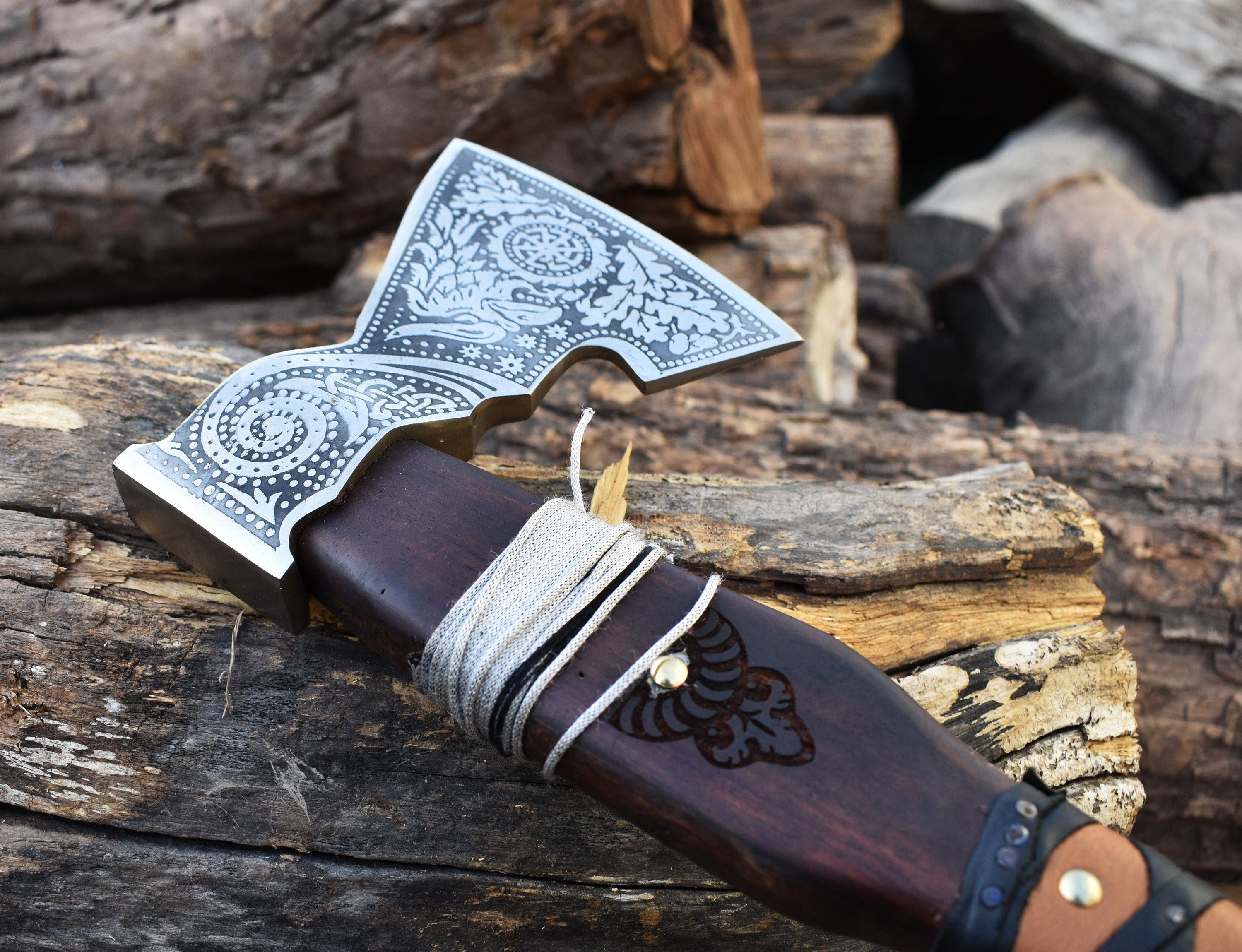Engraved Viking Axe | Hand-Forged Damascus Hatchet with Leather Sheath | Norse Gift for Him.