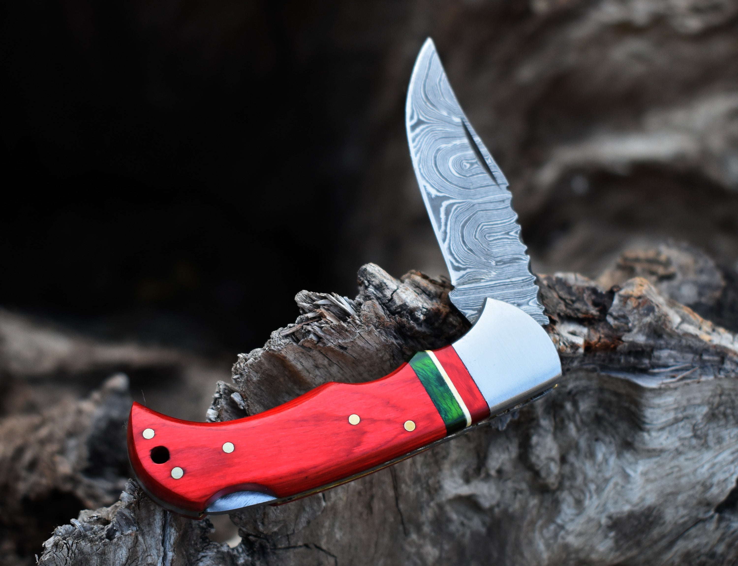 6.5" Handmade Damascus Steel Folding Knife Red& GreenHandle Back Lock Pocket Knife With Leather Pouch Personalized Gift for Men.