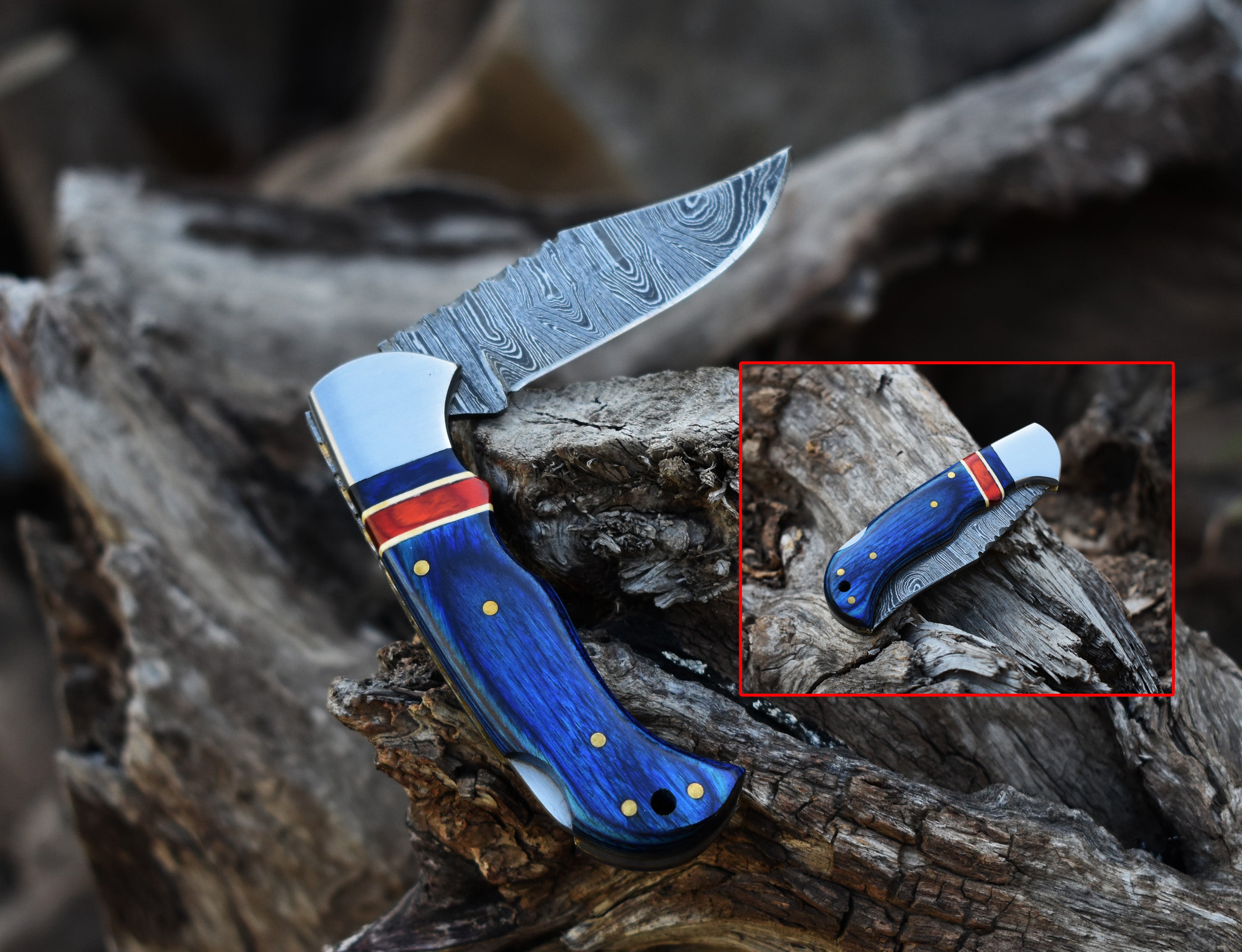 6.5" Handmade Damascus Steel Folding Knife Blue & Grey Handle Back Lock Pocket Knife With Leather Pouch Personalized Gift for Men.