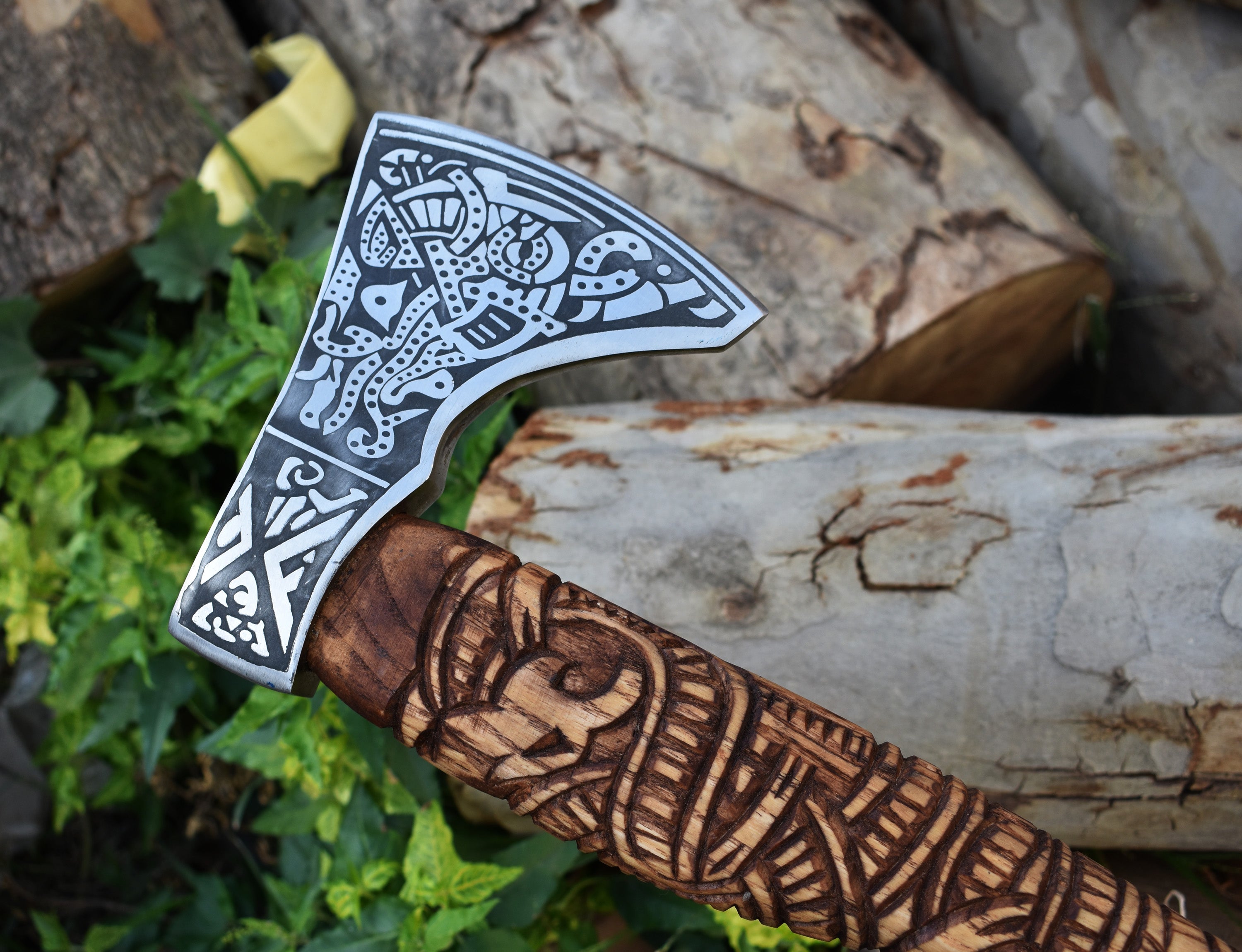 Engraved Viking Axe | Hand-Forged Norse Hatchet | Custom Nordic Weapon for Gift or Display Ash wood Handle with Leather Pouch.