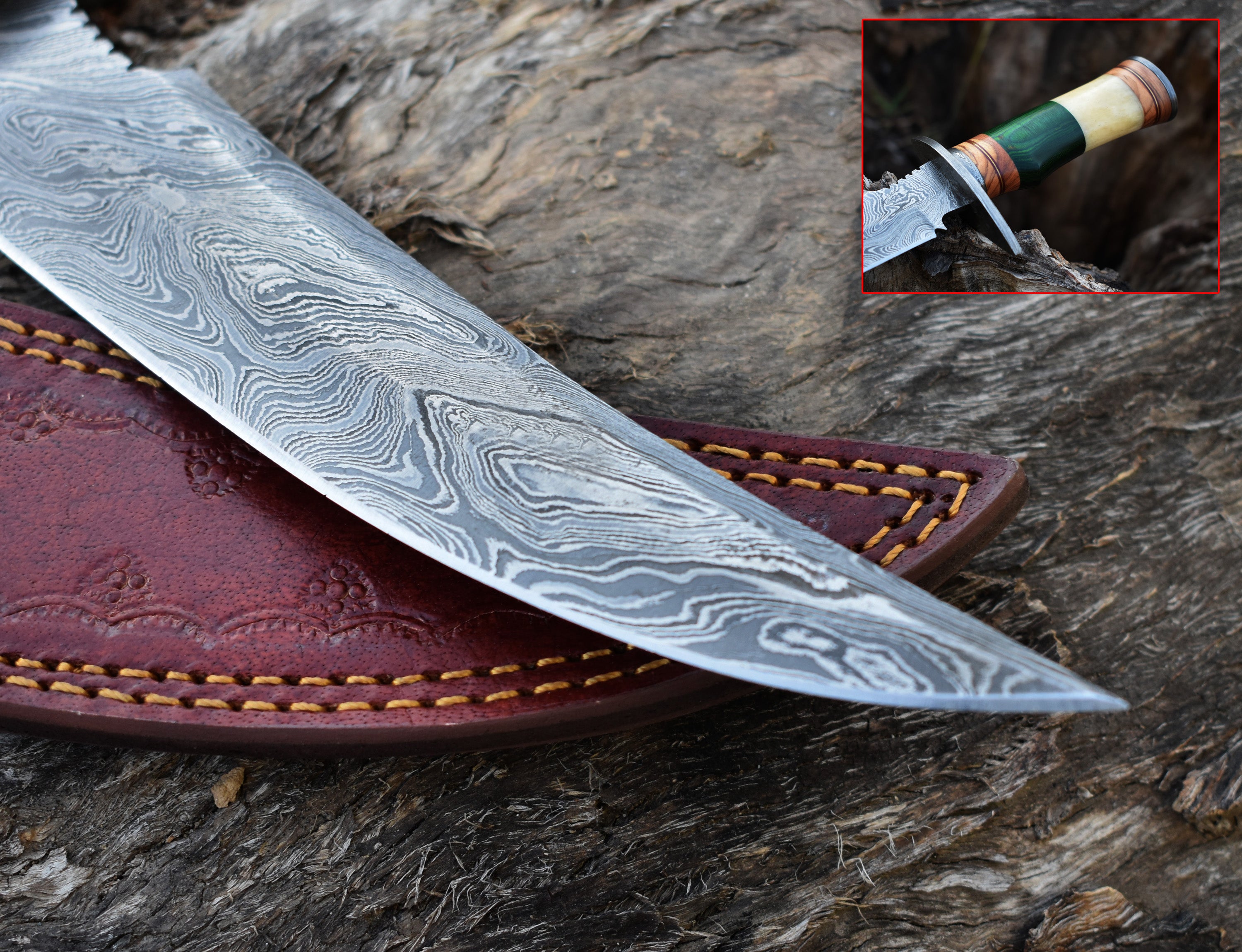 13" Rambo With Wood and Bone Handle Hunting Bowie knife With Damascus Guard & Pommel