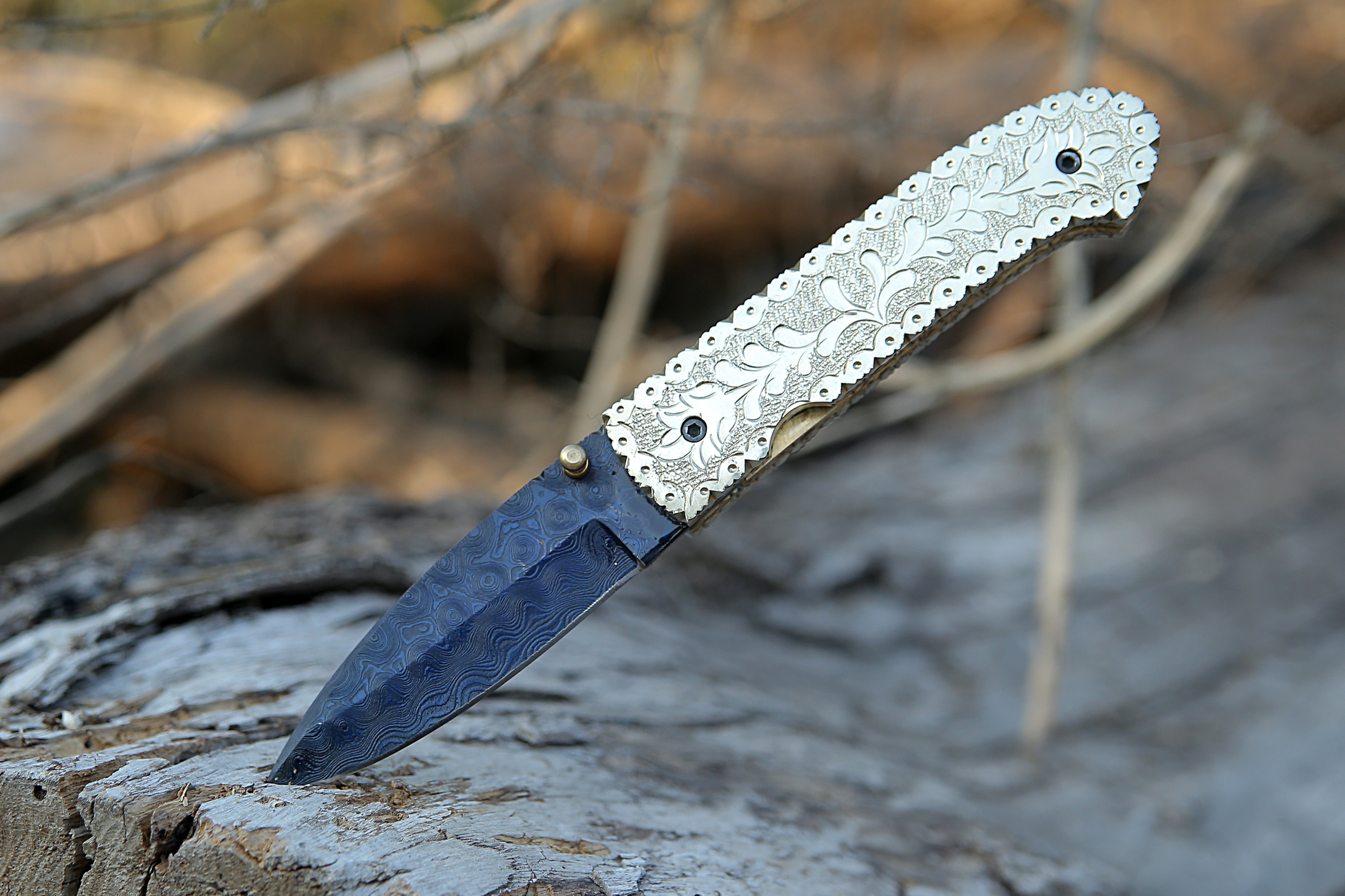 Handmade Blue Damascus Steel Liner Lock Folding Knife Brass Engraved Handle Pocket Knife Best camping Hunting Fishing EDC Tool Knife with Leather Pouch.