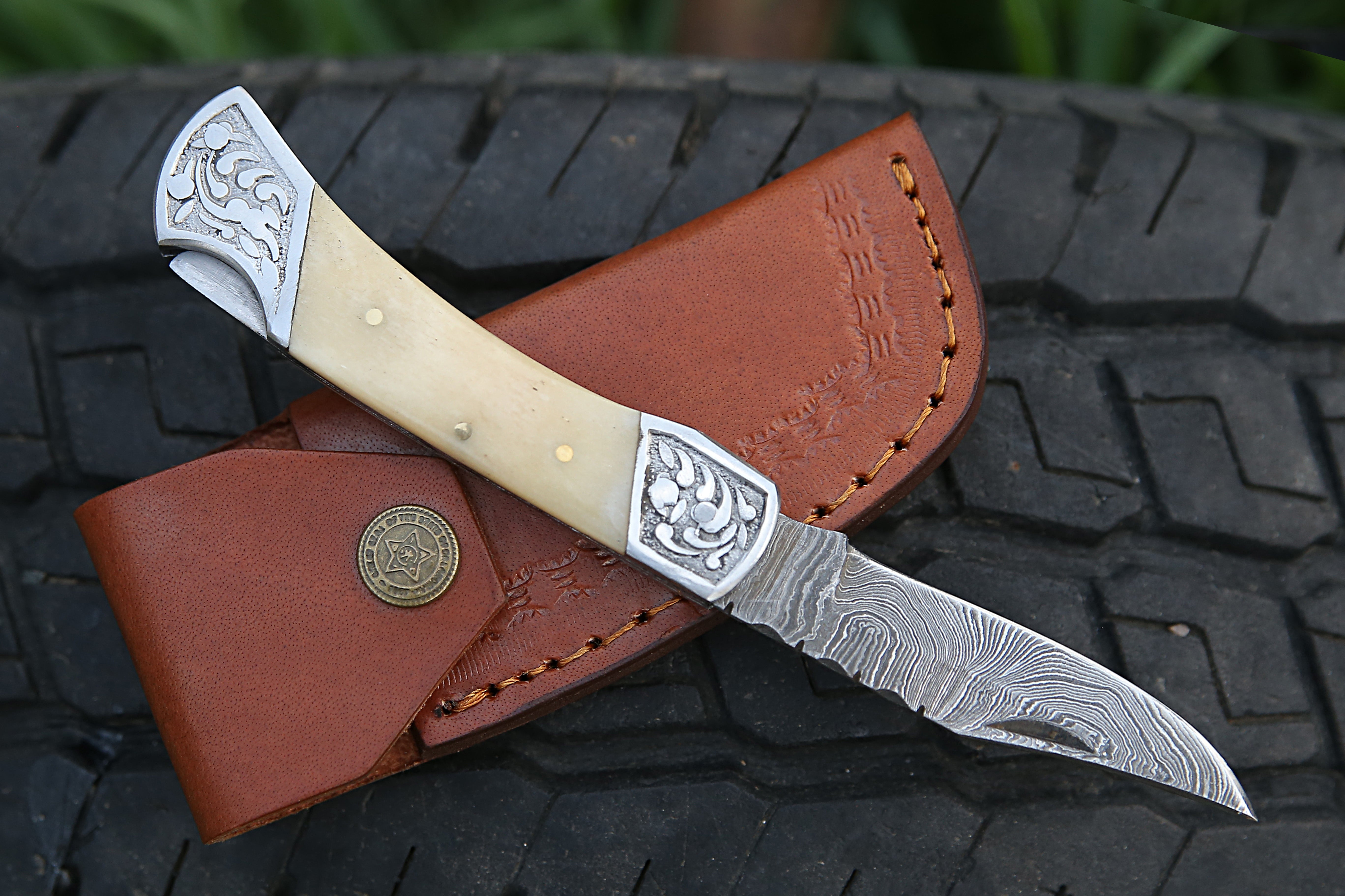 Damascus steel Back Lock Pocket Knife With engraved steel White Bone Handle Camping Hunting Skinner EDC Folding Knife with Leather Pouch.