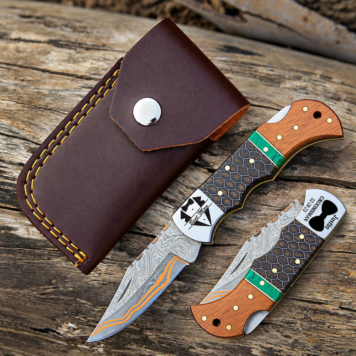 Personalized Copper Damascus Steel Pocket Knife Brown Honey Comb Resin and Olive Wood Handle Folding knife sharp edge come with leather sheath