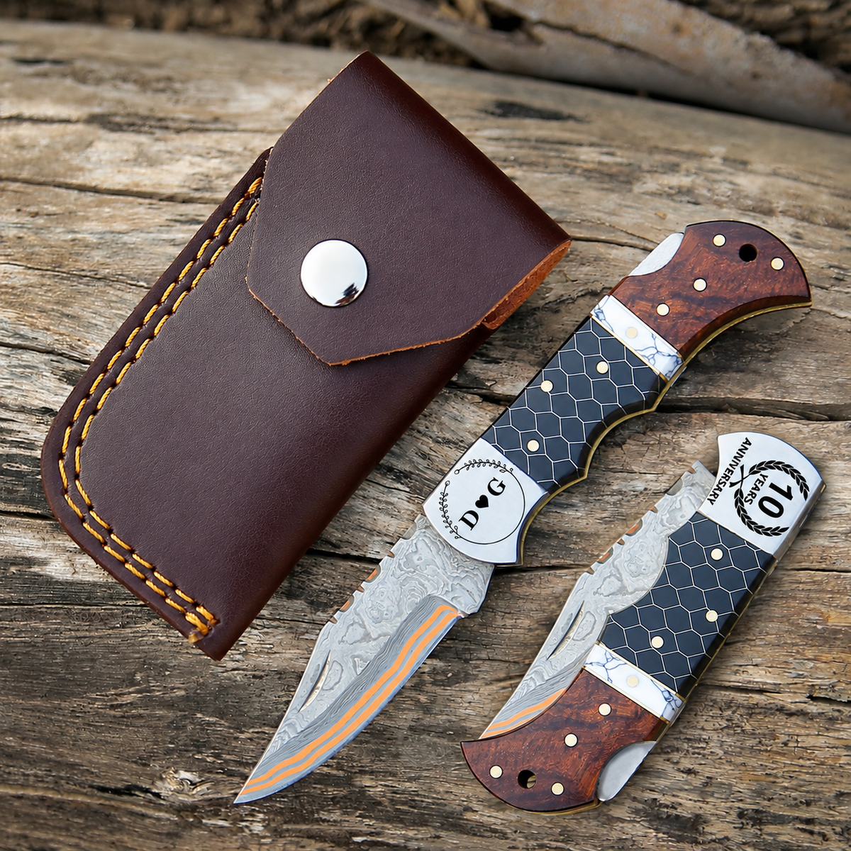 Premium Copper Damascus Steel Pocket Knife Black Honey Comb Resin with Rose Wood Handle Folding knife Gift For Husband (Copy)