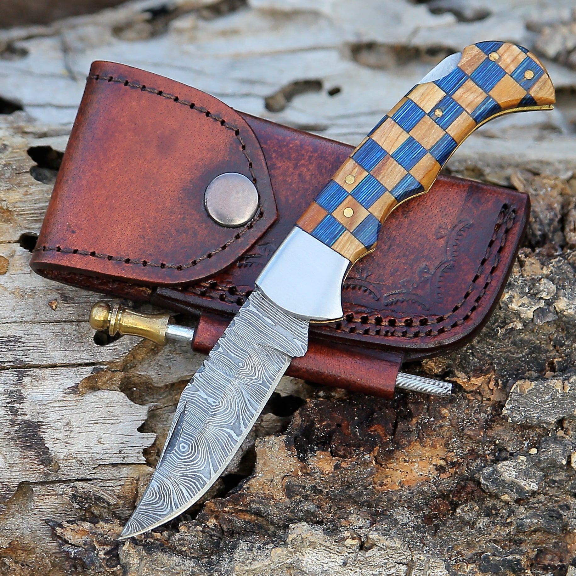 7" personalized Handmade Damascus steel Pocket Knife Multicolor Wood Handle Folding Knife Best for survival Camping Hunting fishing Tools Best Gift for Your Love once.