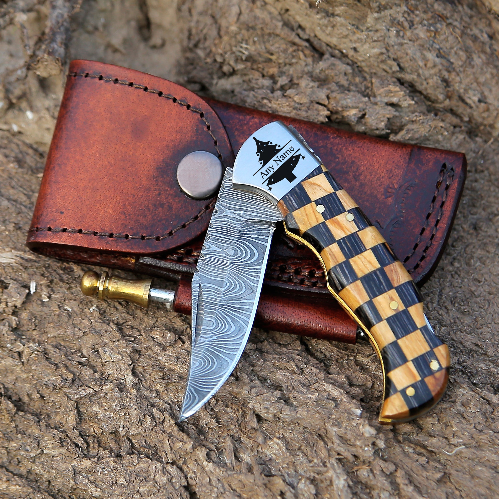 Rose wood & Black Sheet Handle  Damascus Steel Back Lock Pocket Knife With Stainless Steel Clips Camping Knife Personalized Hunting Knife EDC knife with Leather pouch.