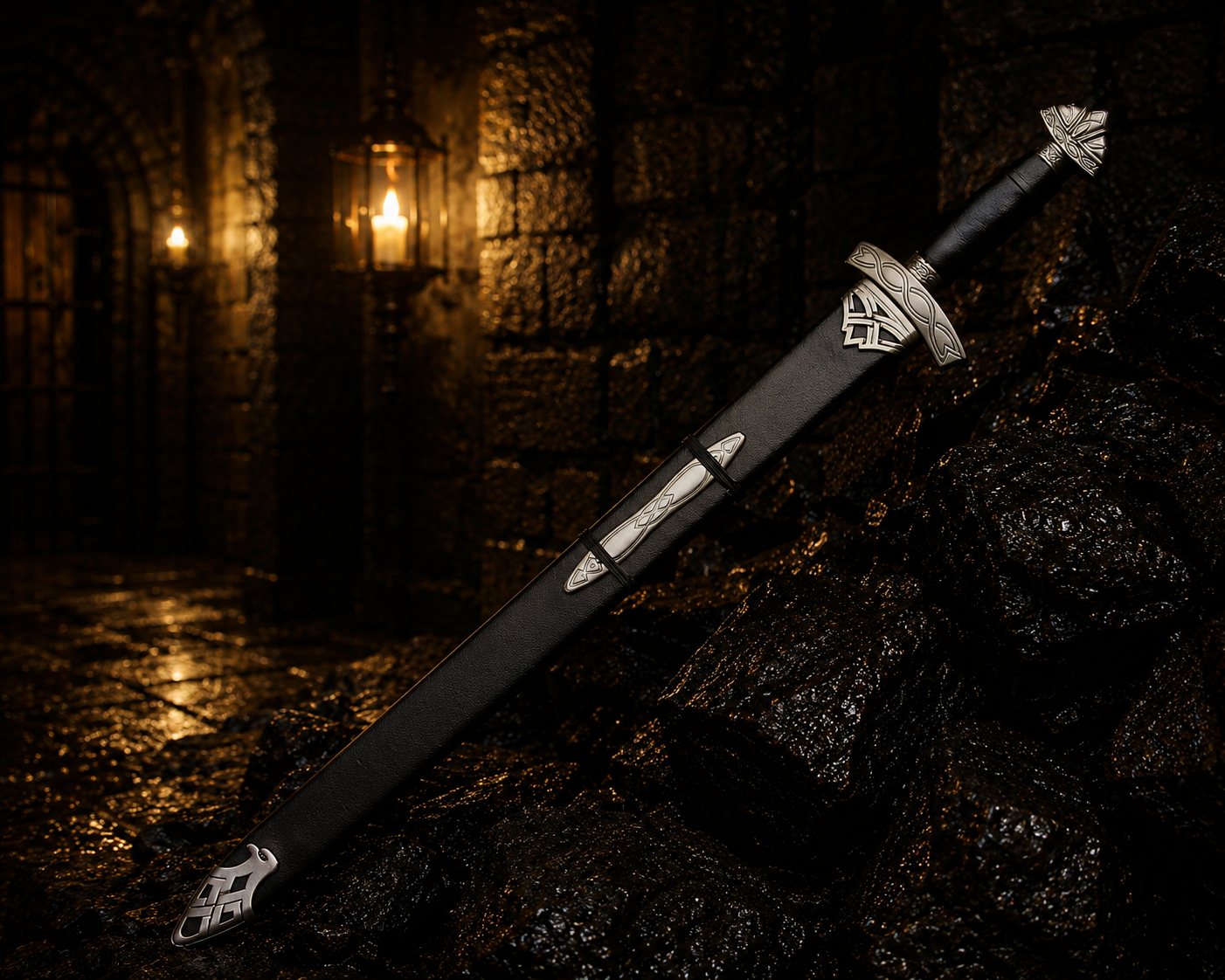 Handmade Viking Fantasy Damascus Sword with Black Scabbard Engraved Blade, Medieval Decorative Sword for Display Halloween Costume Gift