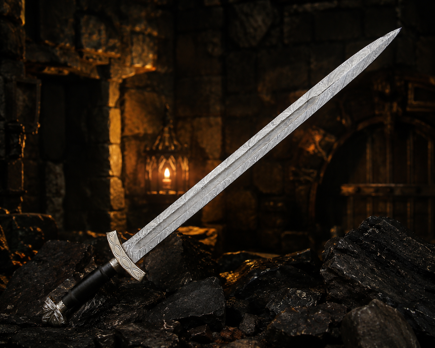 Handmade Viking Fantasy Damascus Sword with Black Scabbard Engraved Blade, Medieval Decorative Sword for Display Halloween Costume Gift