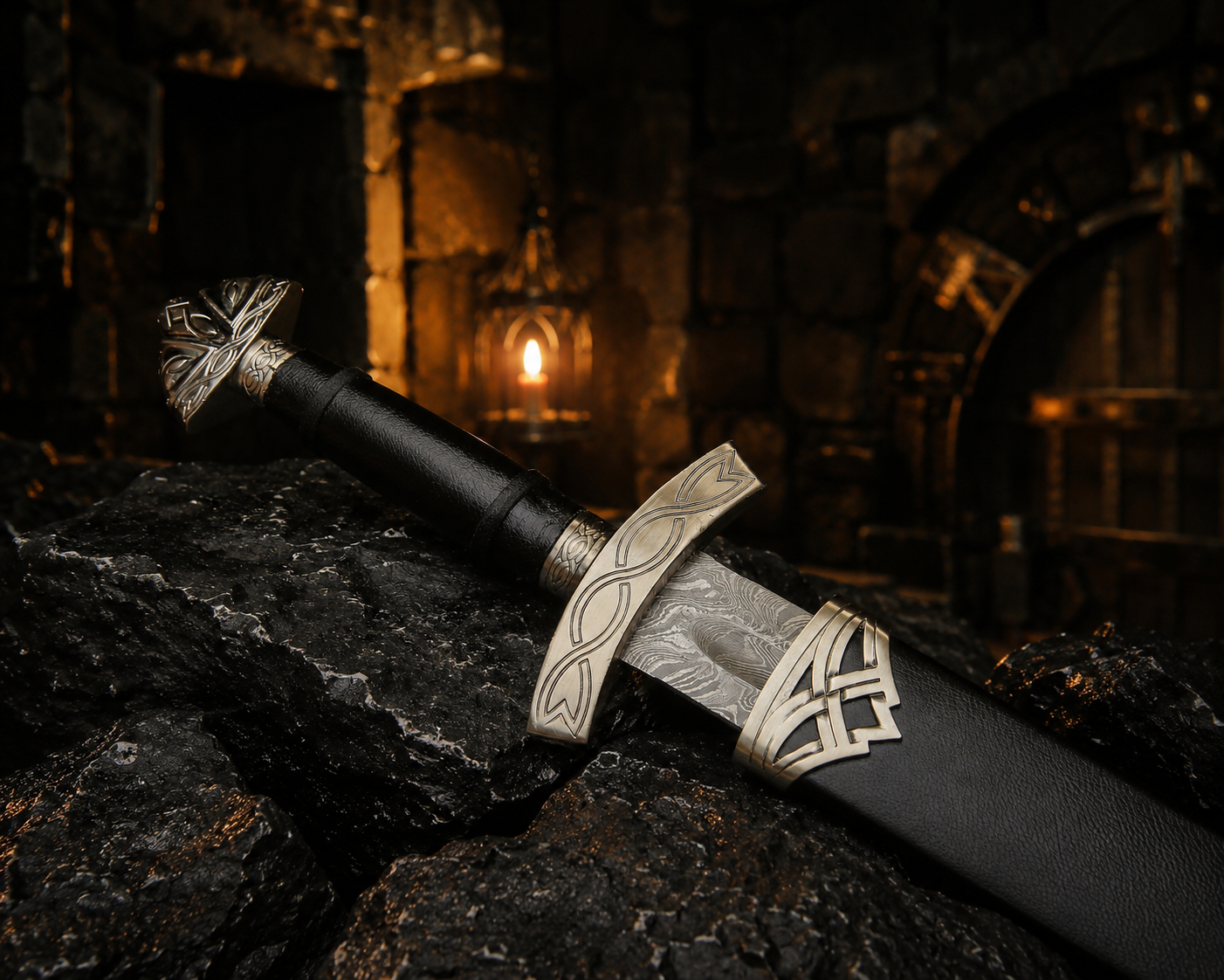 Handmade Viking Fantasy Damascus Sword with Black Scabbard Engraved Blade, Medieval Decorative Sword for Display Halloween Costume Gift