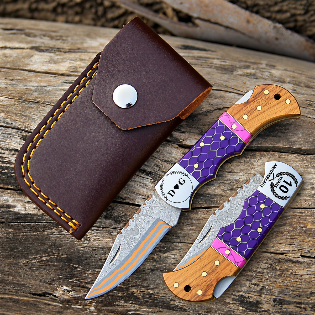 Premium Copper Damascus Steel Pocket Knife Purple Honey Comb Resin and Olive Wood Handle Folding knife Gift For Husband