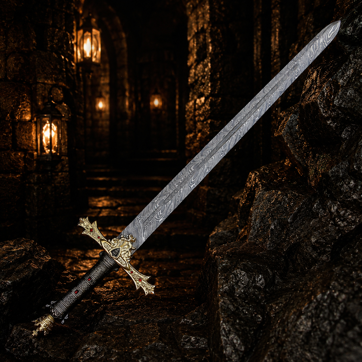 Damascus Steel Royal Serpent Sword Fantasy Sword with Engraved Blade, Medieval Decorative Sword for Display House warming gift