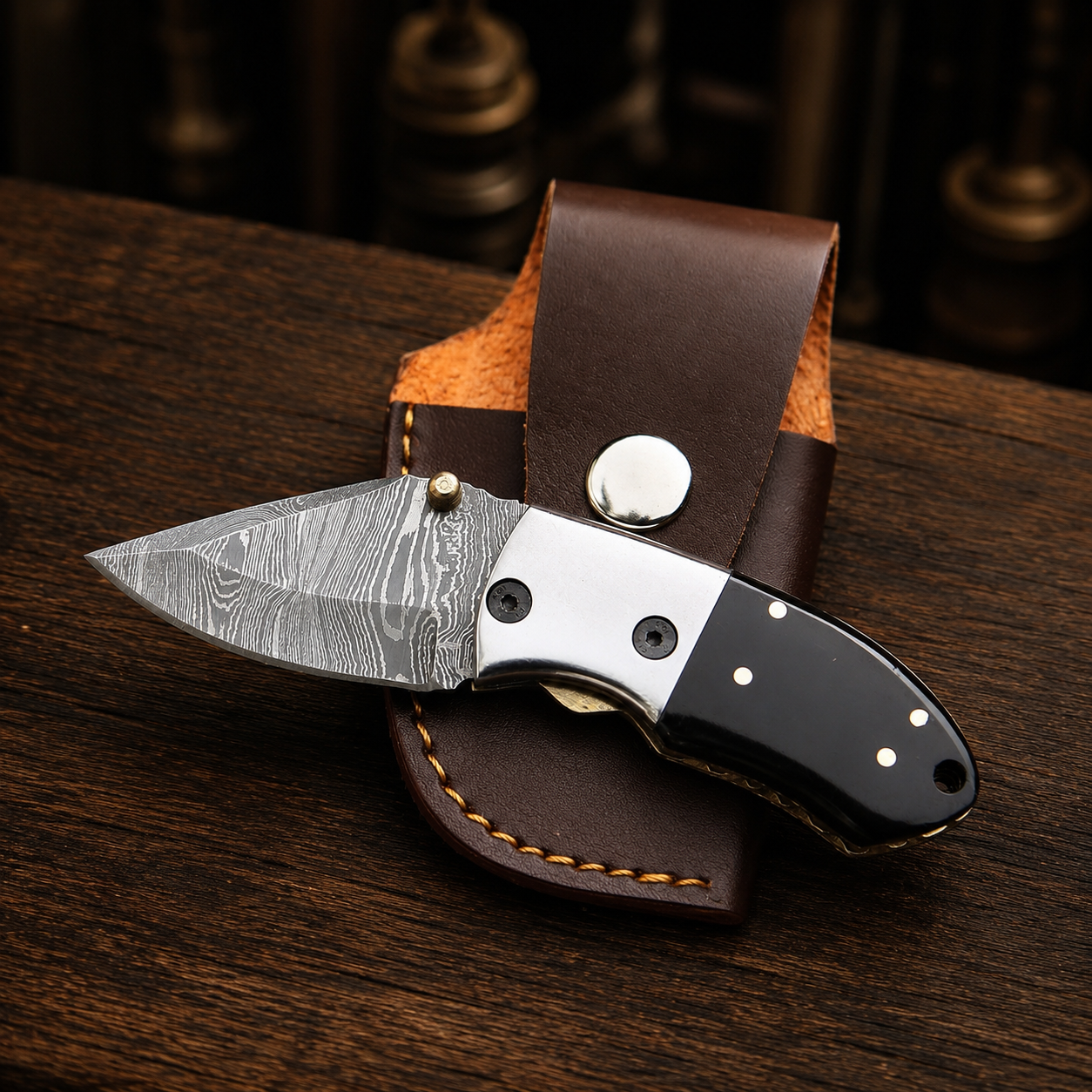 Handmade Damascus Steel Mini Pocket Knife, Black Horn Handle, Small Folding Knife, Groomsman Gift Anniversary gift