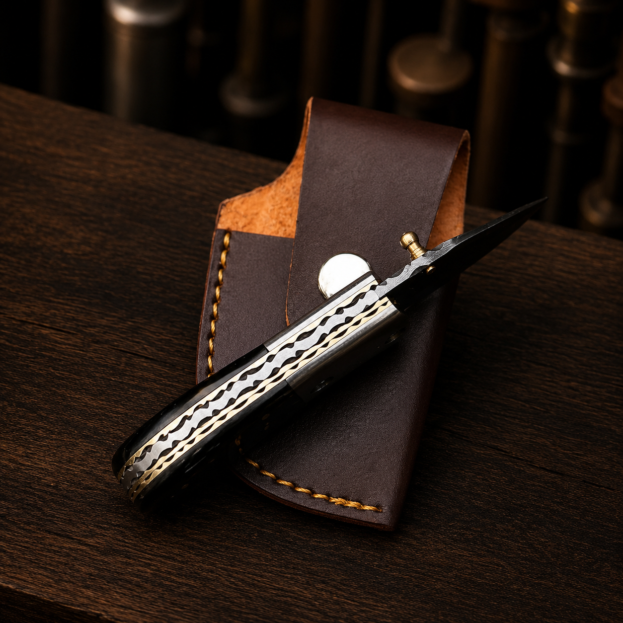 Handmade Damascus Steel Mini Pocket Knife, Black Horn Handle, Small Folding Knife, Groomsman Gift Anniversary gift