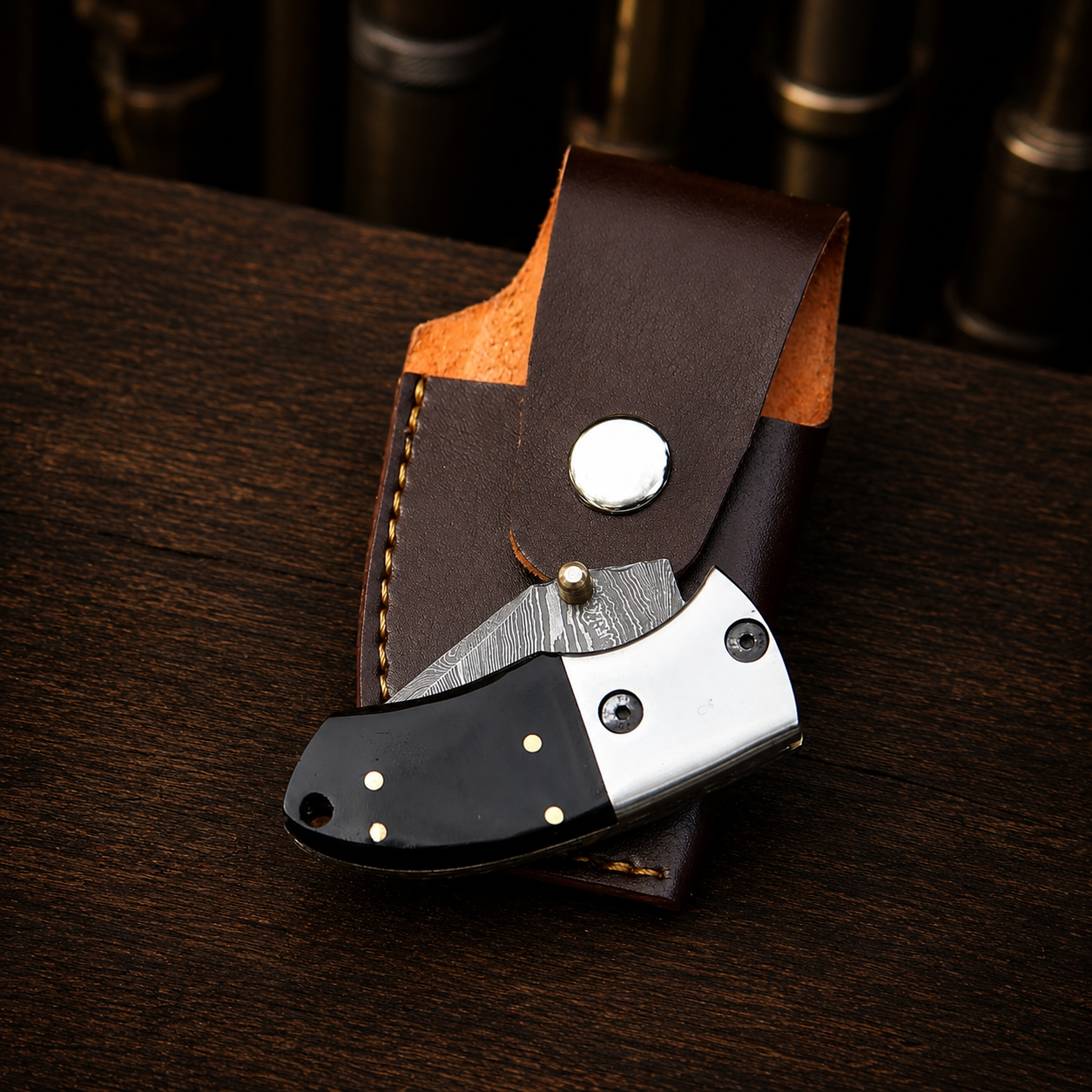 Handmade Damascus Steel Mini Pocket Knife, Black Horn Handle, Small Folding Knife, Groomsman Gift Anniversary gift