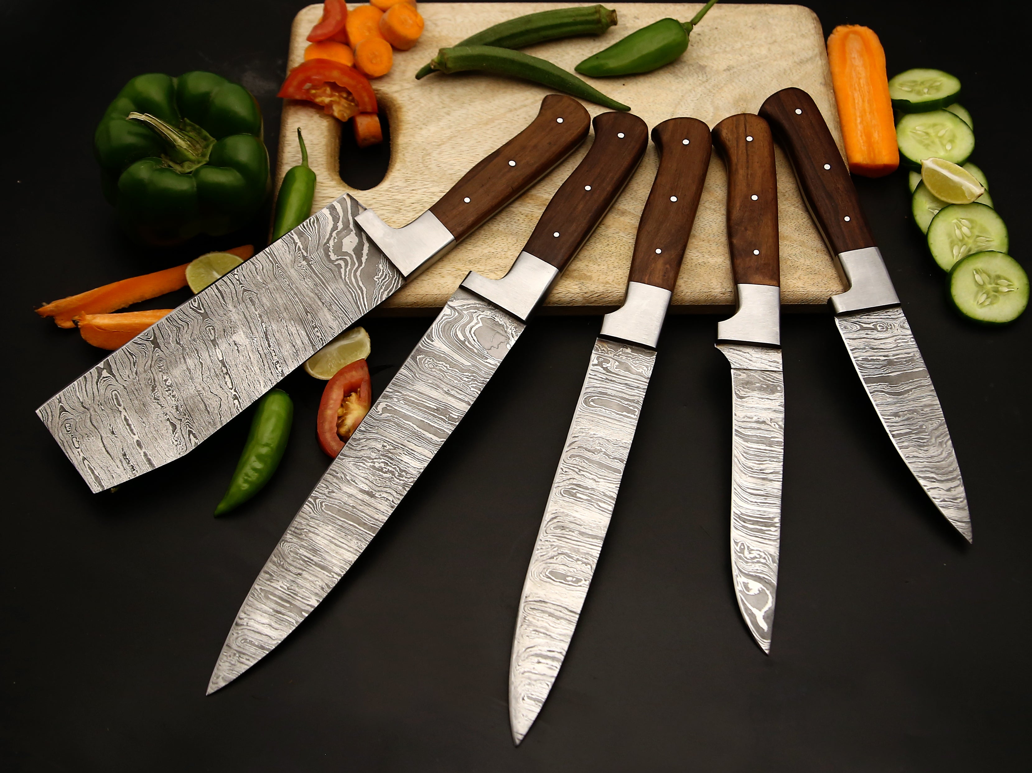 Rosewood Handle With Stainless steel Bolster Damascus Chef Knife set of 5 PCS With Leather Kit Kitchen Knife