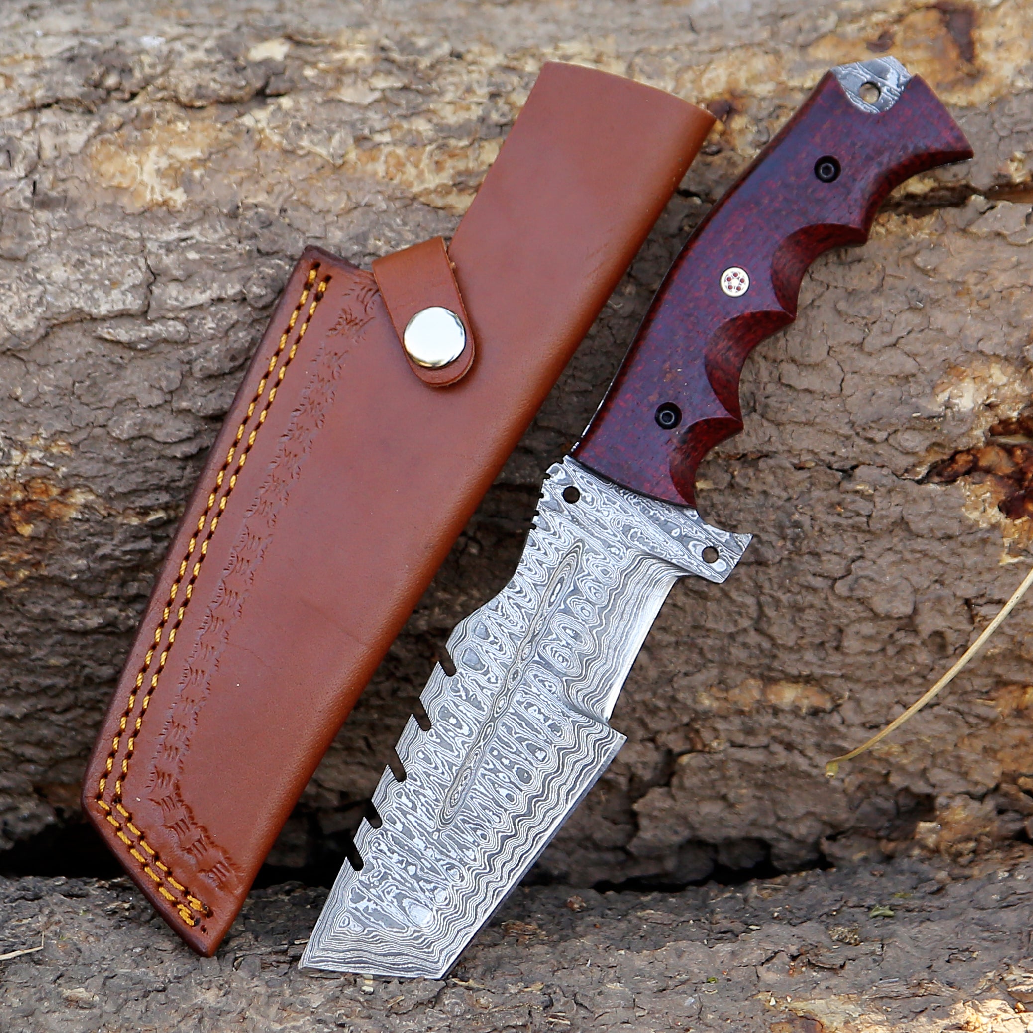 Handmade Damascus Knife Hunting Skinner Knife with Red Micarta sheet Handle Mosaic Pin with Leather Pouch