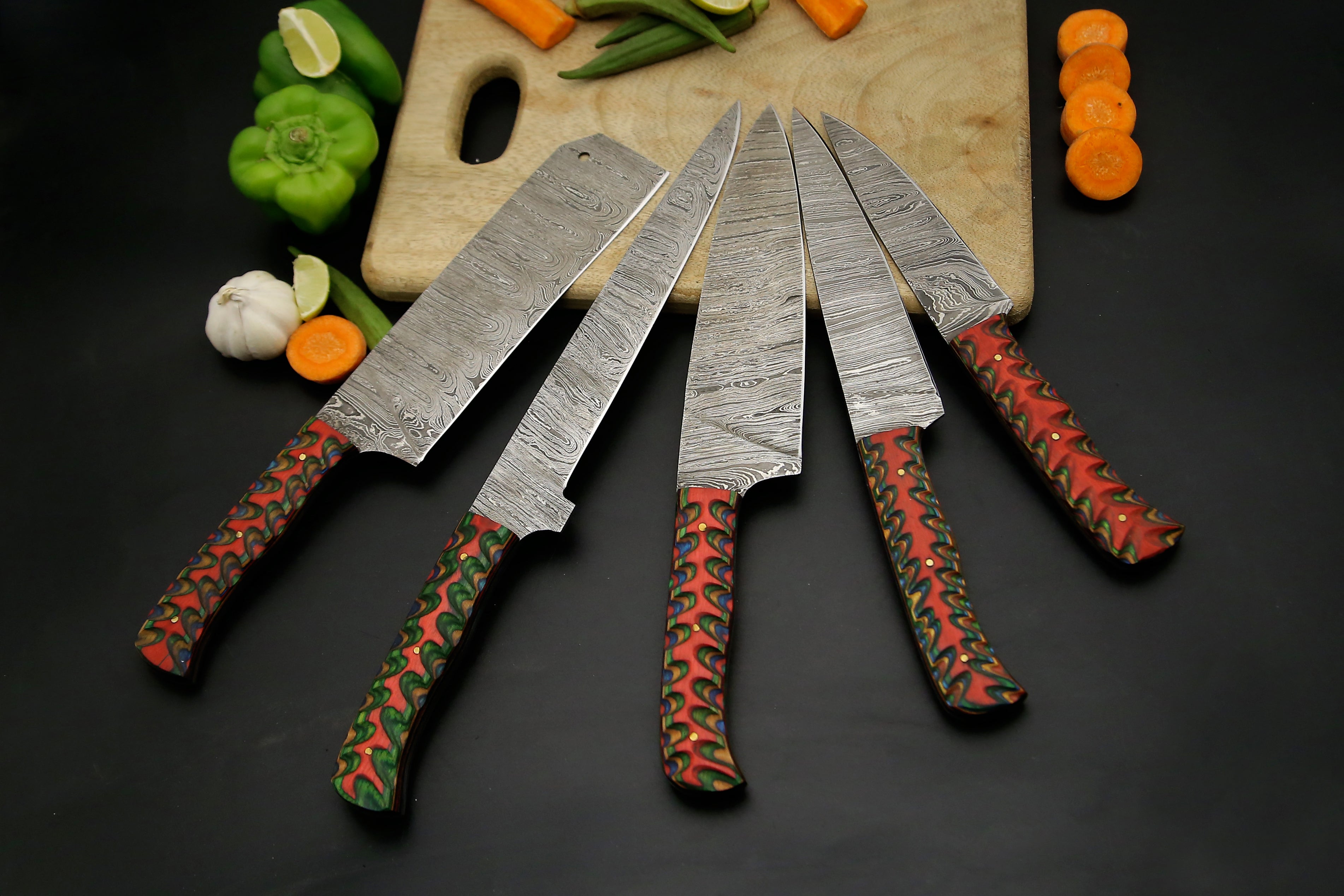 5 PCS Custom Handmade Damascus steel Chef Knife set With Red wood Kitchen Knives With Leather roll Kit Camping hunting EDC Outdoor Knives Sharp cutting Edge.