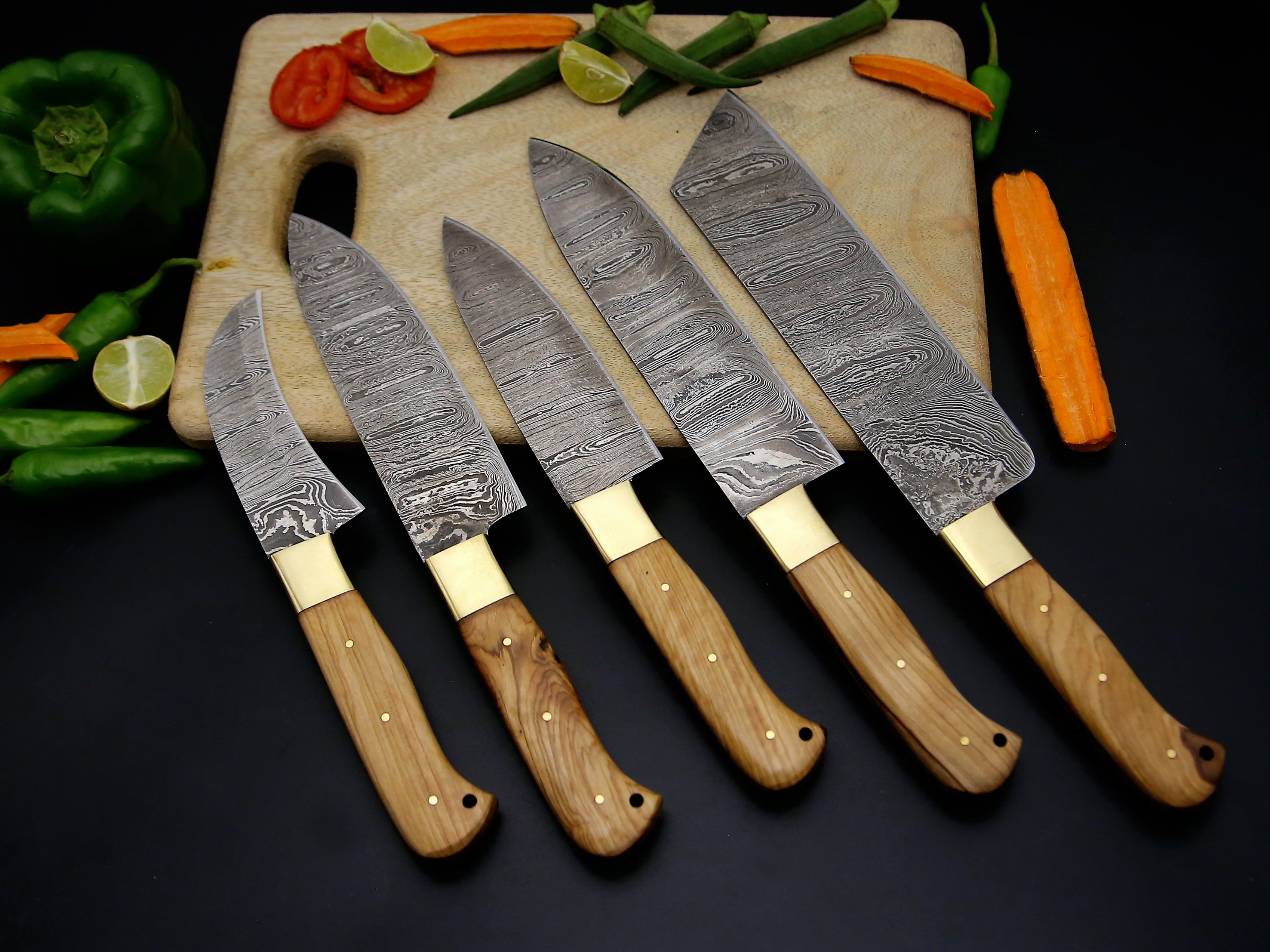 Handmade Damascus Chef set Of 5pcs With Leather,Damascus Knife Set,Damascus cheapest Chef Knife,Full Kitchen Knife Set,Damascus Chef Set,Newly Design