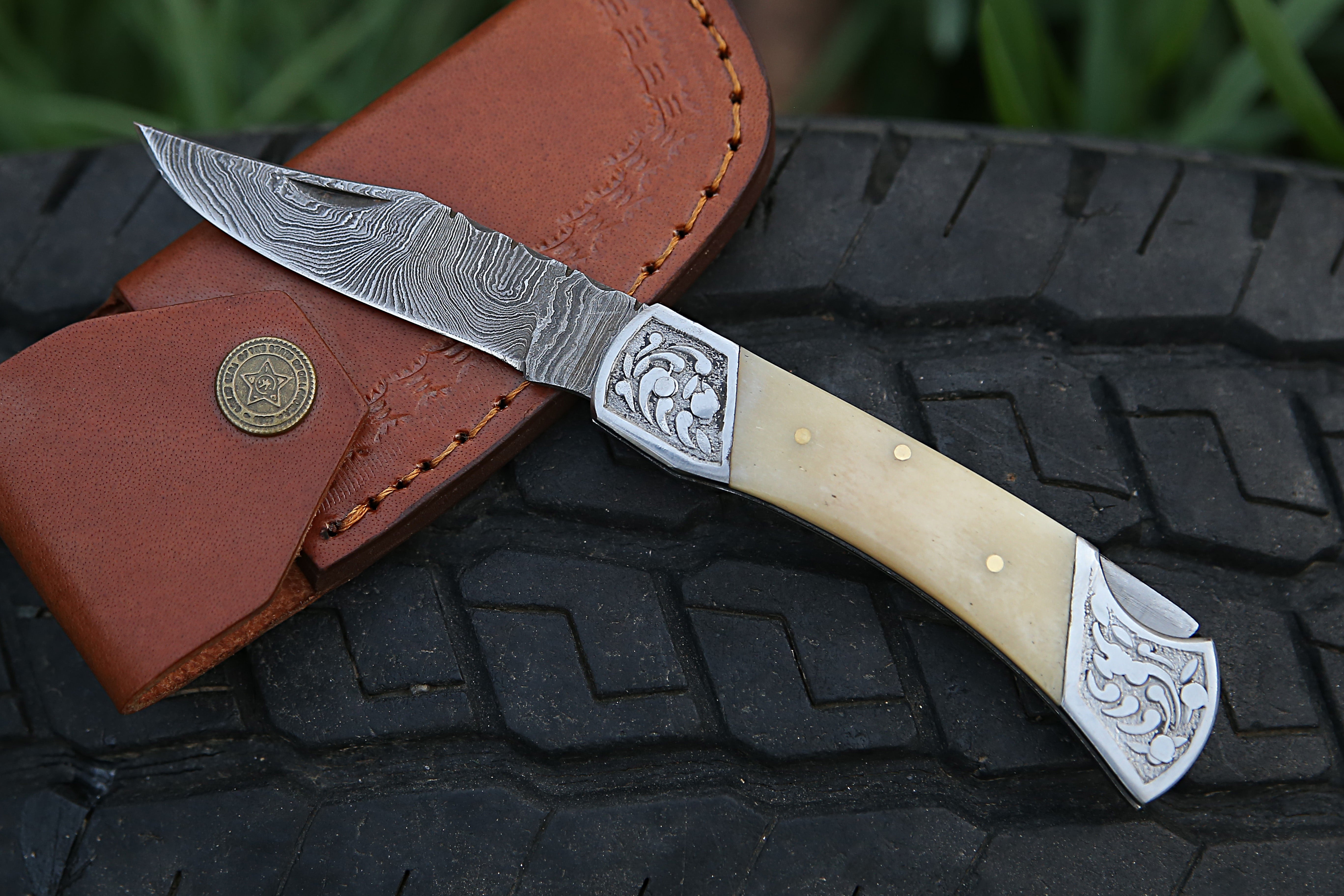 Damascus steel Back Lock Pocket Knife With engraved steel White Bone Handle Camping Hunting Skinner EDC Folding Knife with Leather Pouch.