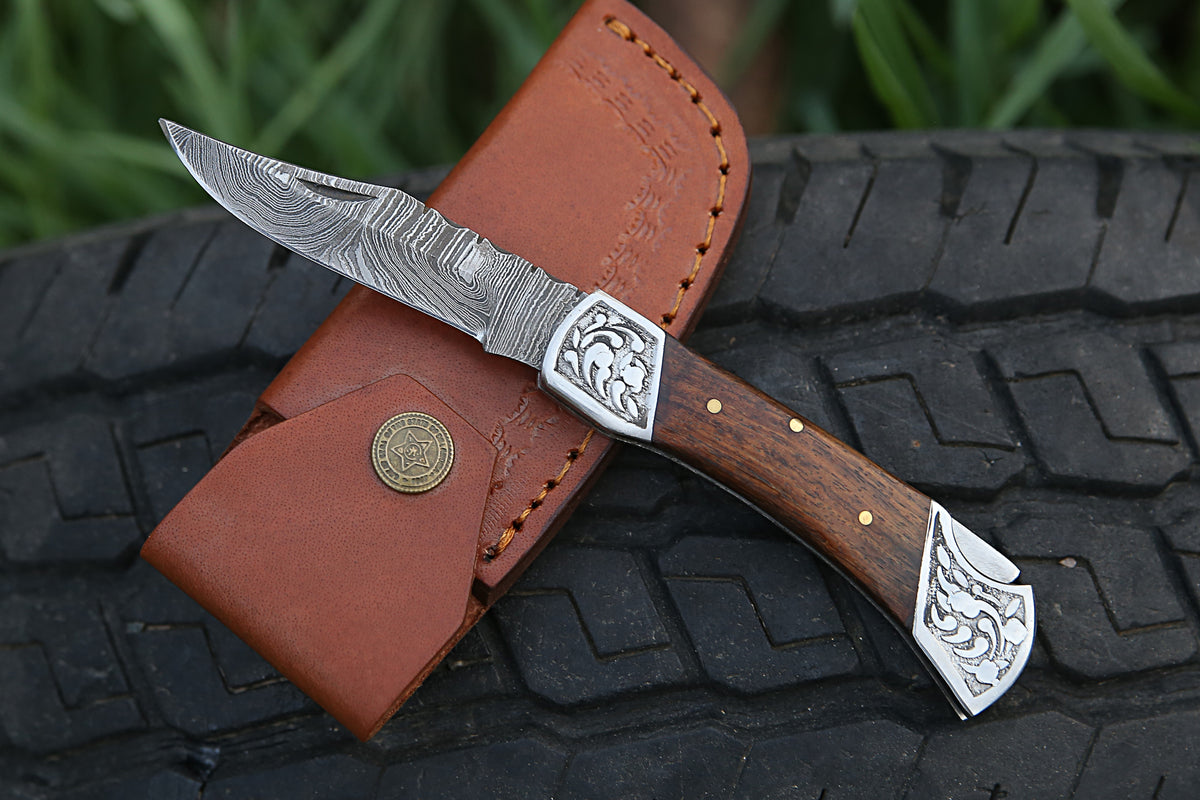 3" Blade Handmade Damascus steel Back Lock Pocket knife, Rosewood Handle Folding knife with Leather pouch, Birthday Gift for Men