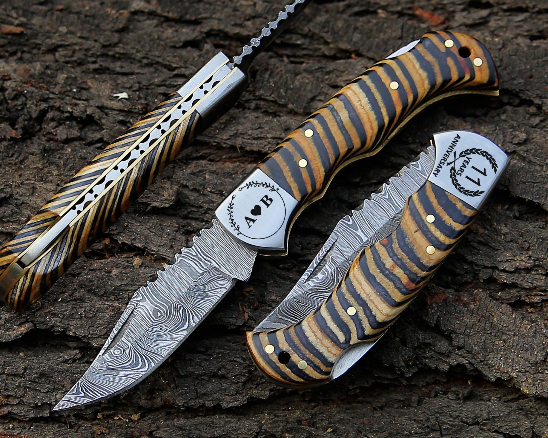 Custom Damascus Pocket Knife – Engraved Folding Blade & Natural Multicolor Handle Camping Knife with Pouch.