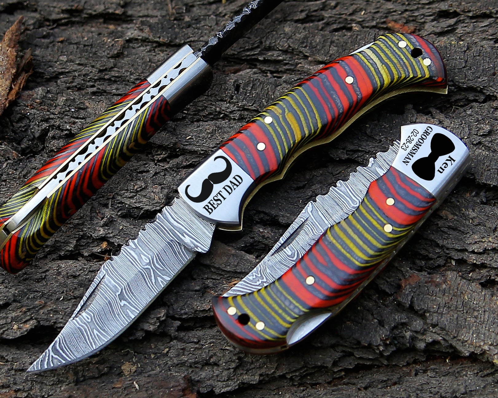 Compact Damascus Pocket Knife – Sharp, Durable & Stylish Everyday Carry Folding Knife with Multicolor Handle & Pouch.
