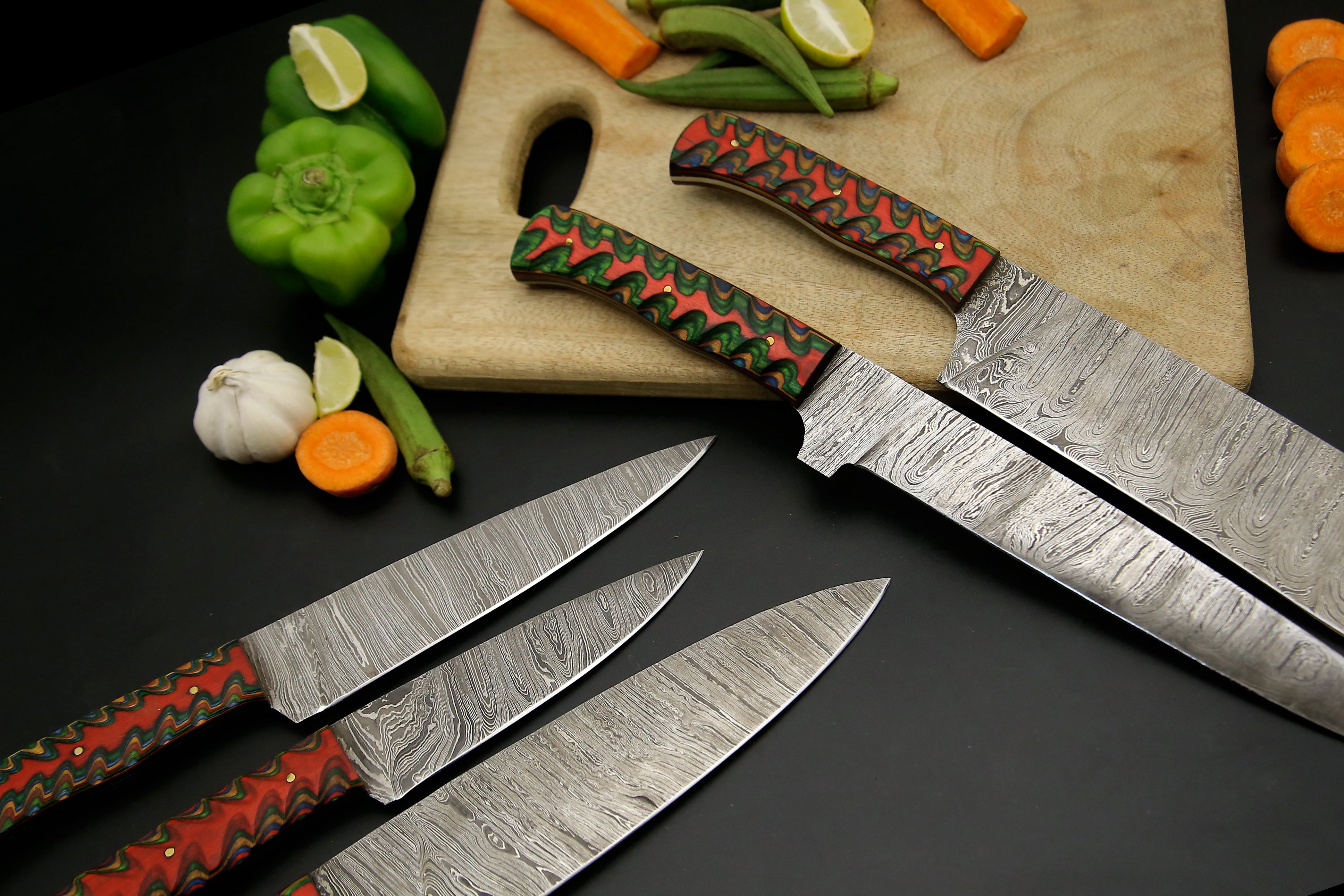 5 PCS Custom Handmade Damascus steel Chef Knife set With Red wood Kitchen Knives With Leather roll Kit Camping hunting EDC Outdoor Knives Sharp cutting Edge.